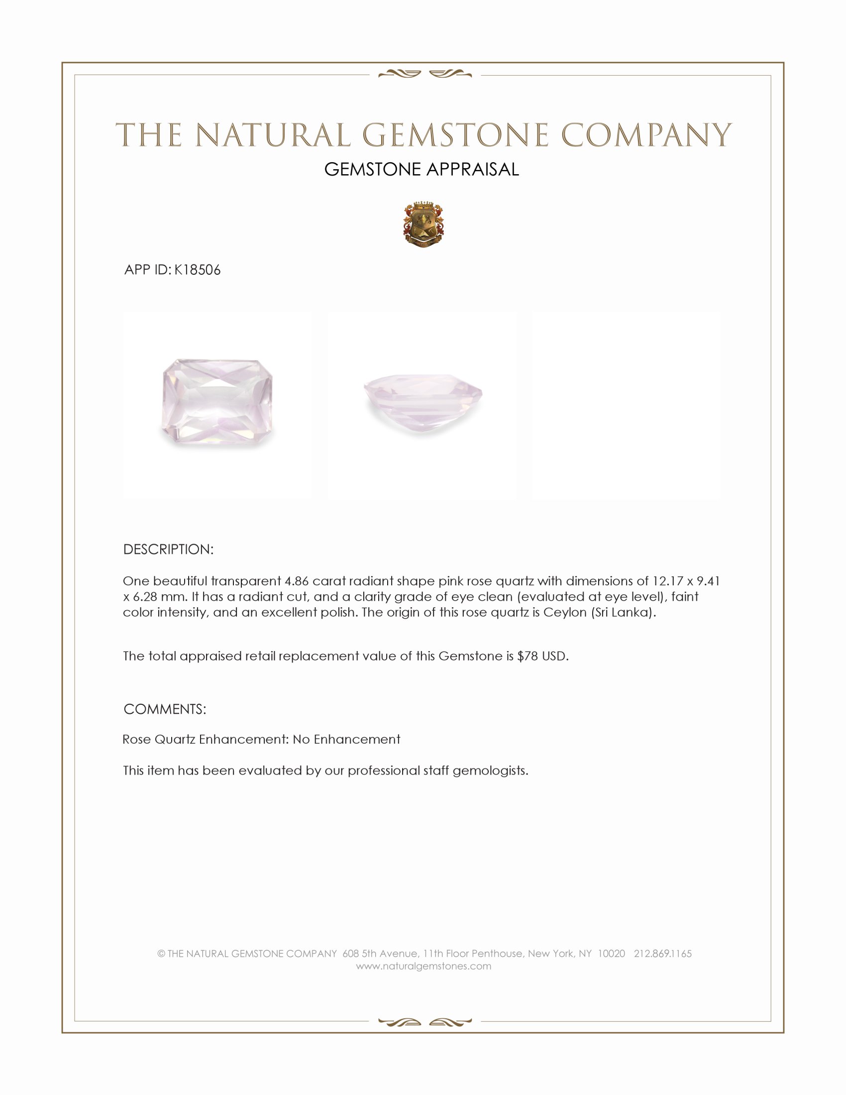 4.86 Ct. Rose Quartz from Ceylon (Sri Lanka)