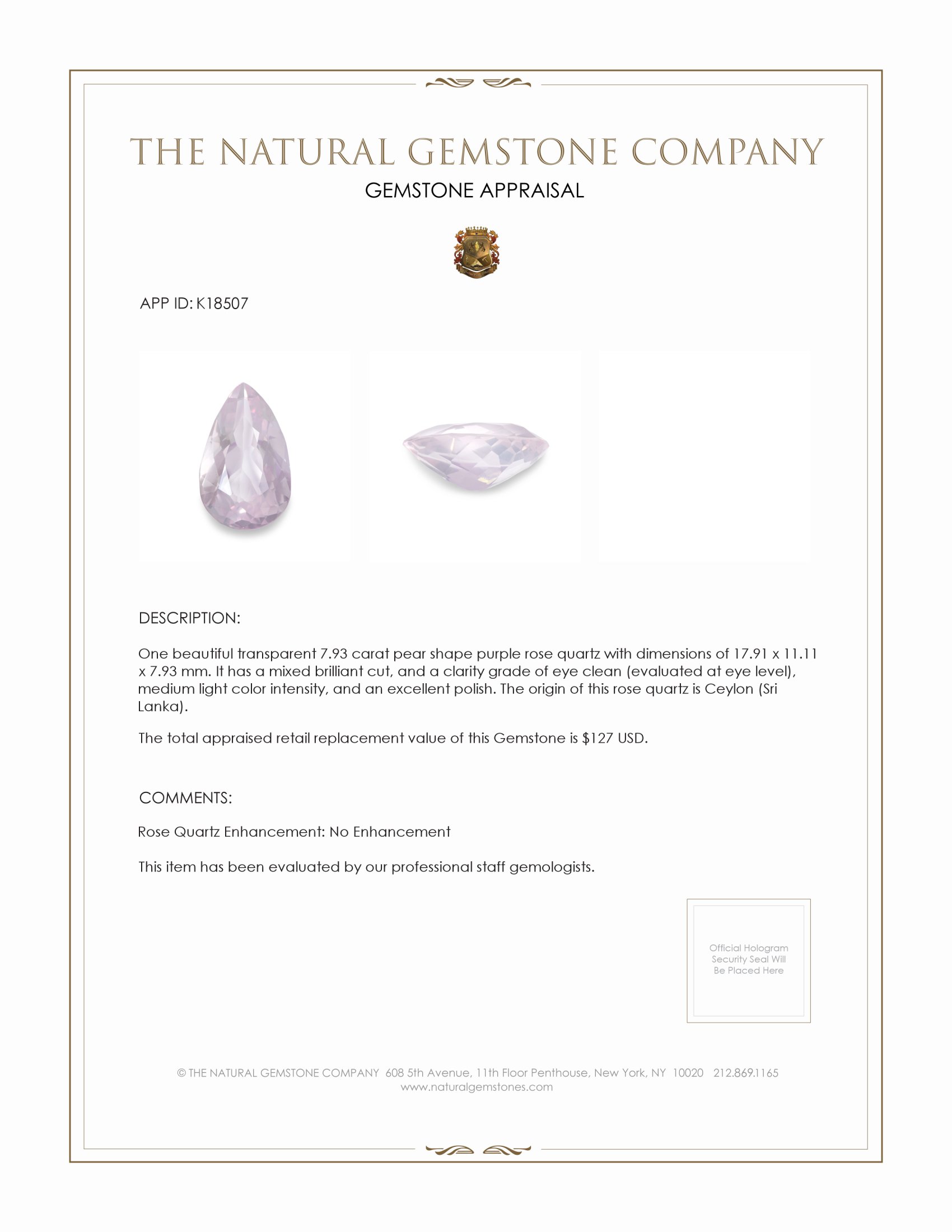 7.93 Ct. Purplish Pink Rose Quartz from Ceylon (Sri Lanka)