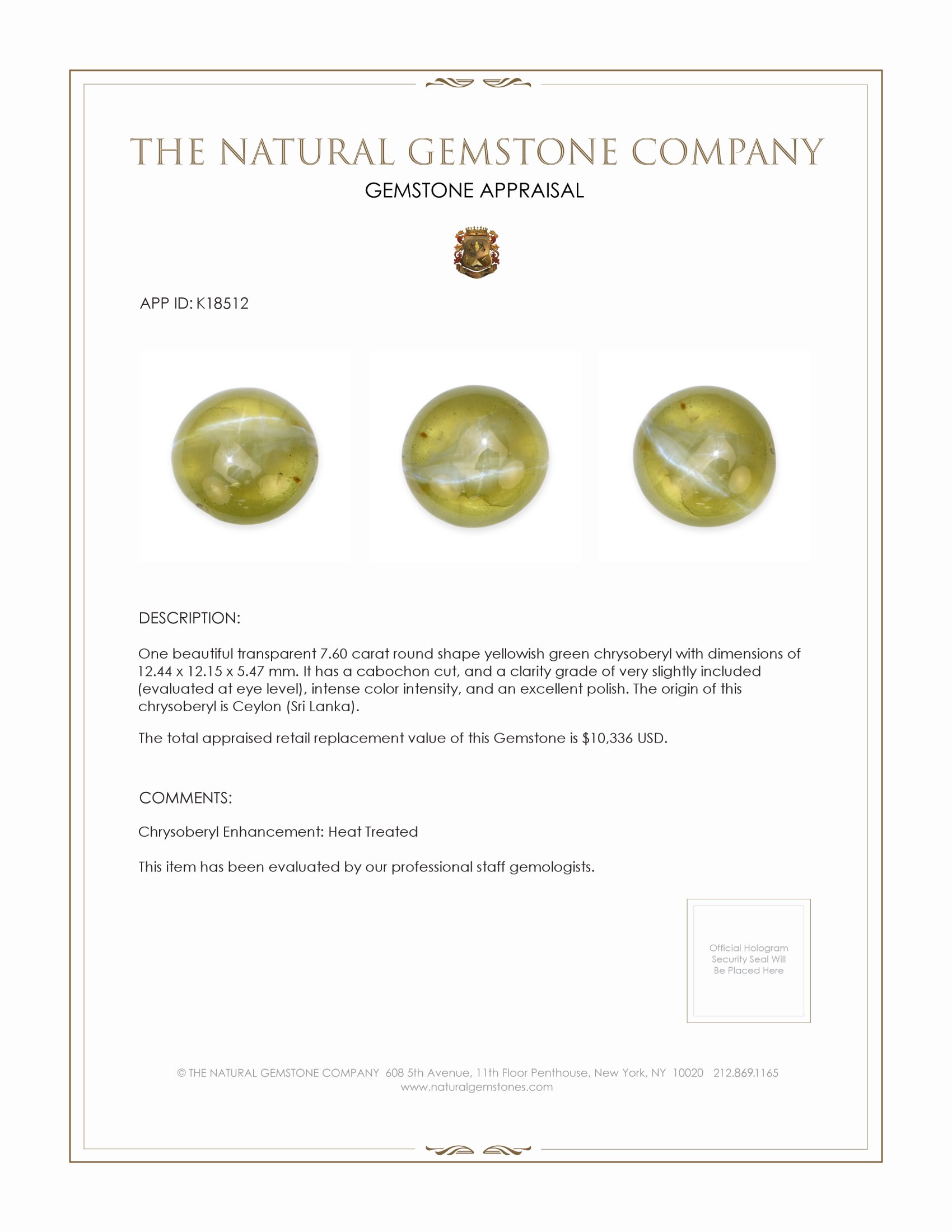 7.60 Ct. Cabochon Chrysoberyl from Ceylon (Sri Lanka)