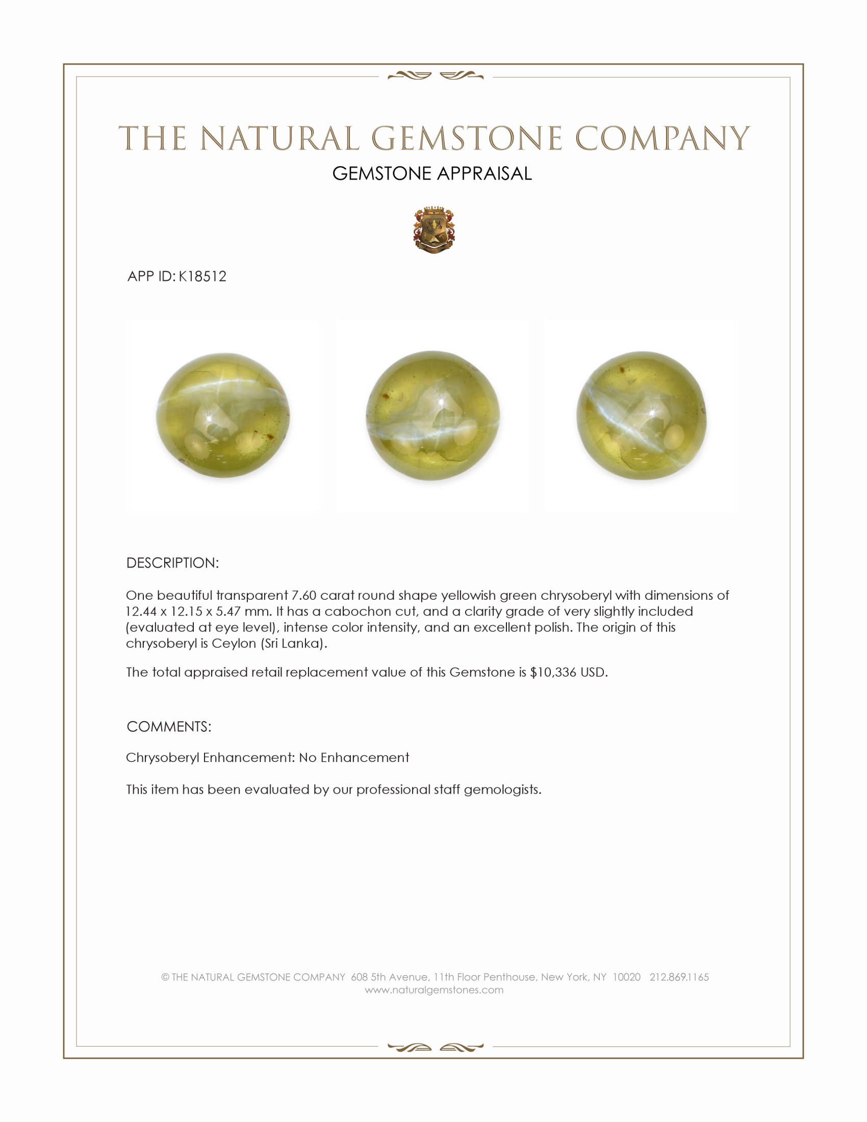 7.60 Ct. Yellowish Green Cabochon Chrysoberyl from Ceylon (Sri Lanka)