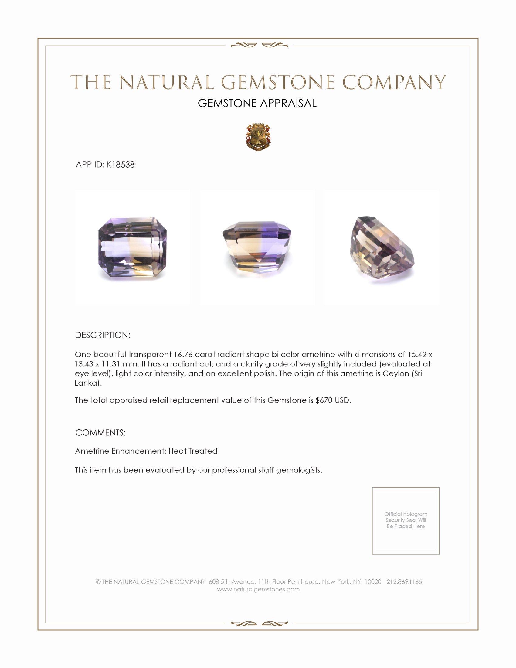 16.76 Ct. Ametrine from Ceylon (Sri Lanka)