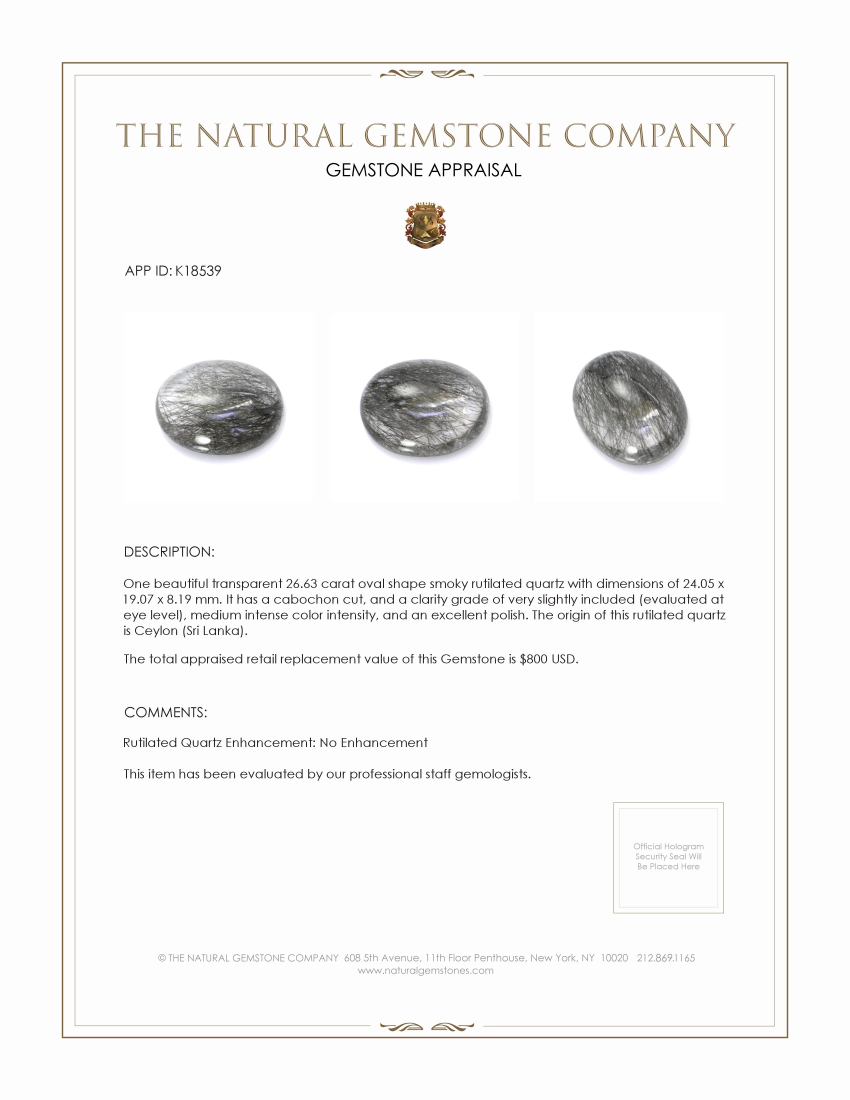 26.63 Ct. Cabochon Rutilated Quartz from Ceylon (Sri Lanka)