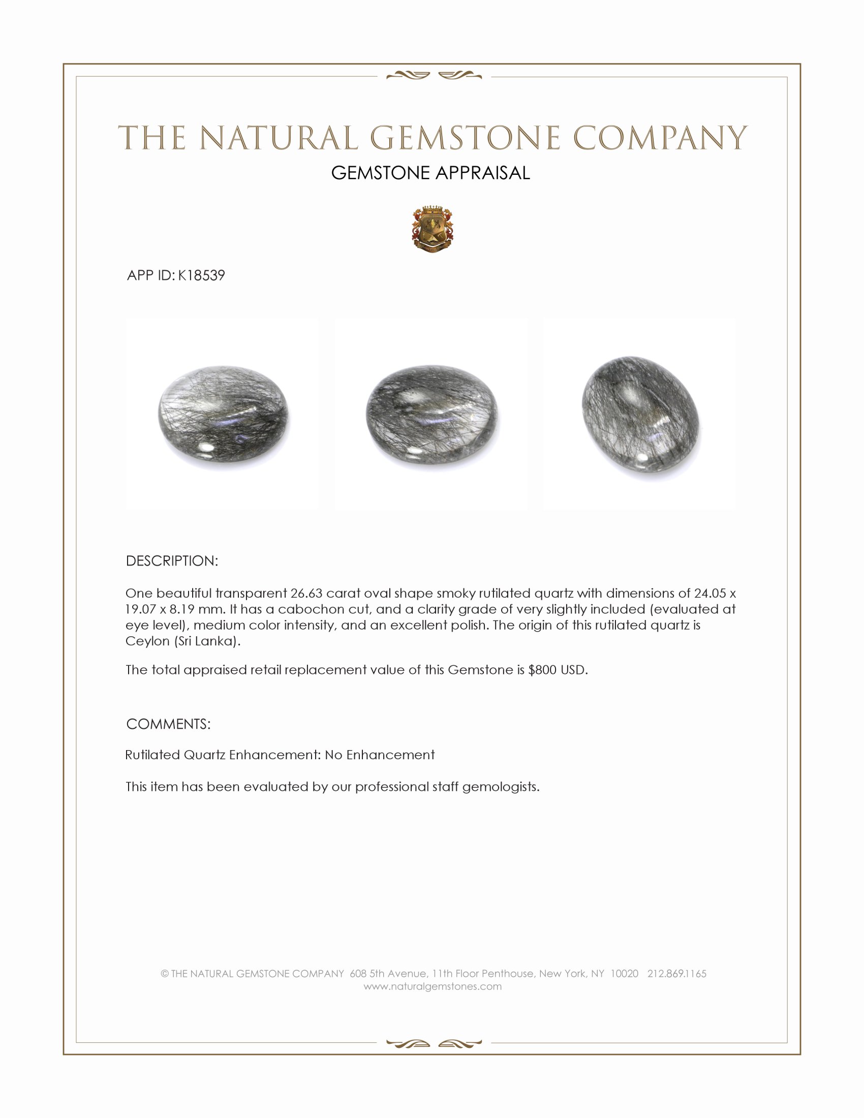 26.63 Ct. Smoky Cabochon Rutilated Quartz from Ceylon (Sri Lanka)