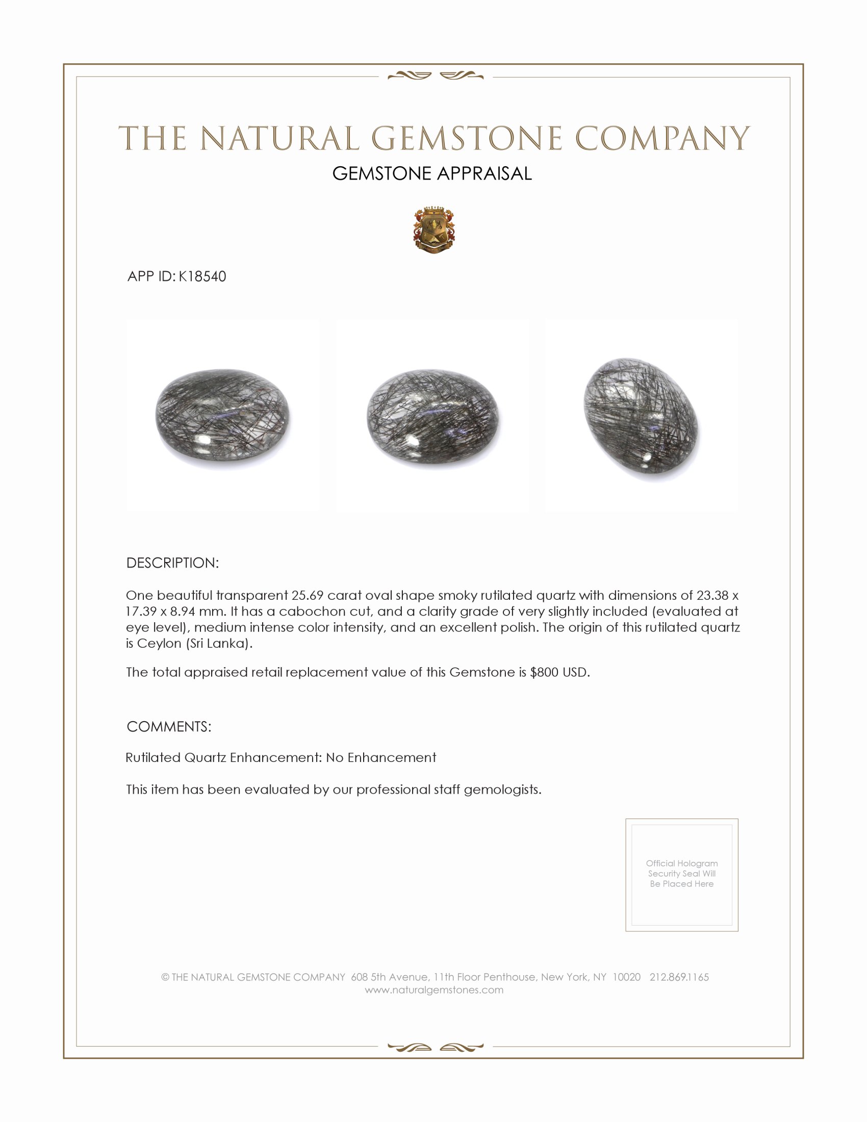 25.69 Ct. Cabochon Rutilated Quartz from Ceylon (Sri Lanka)