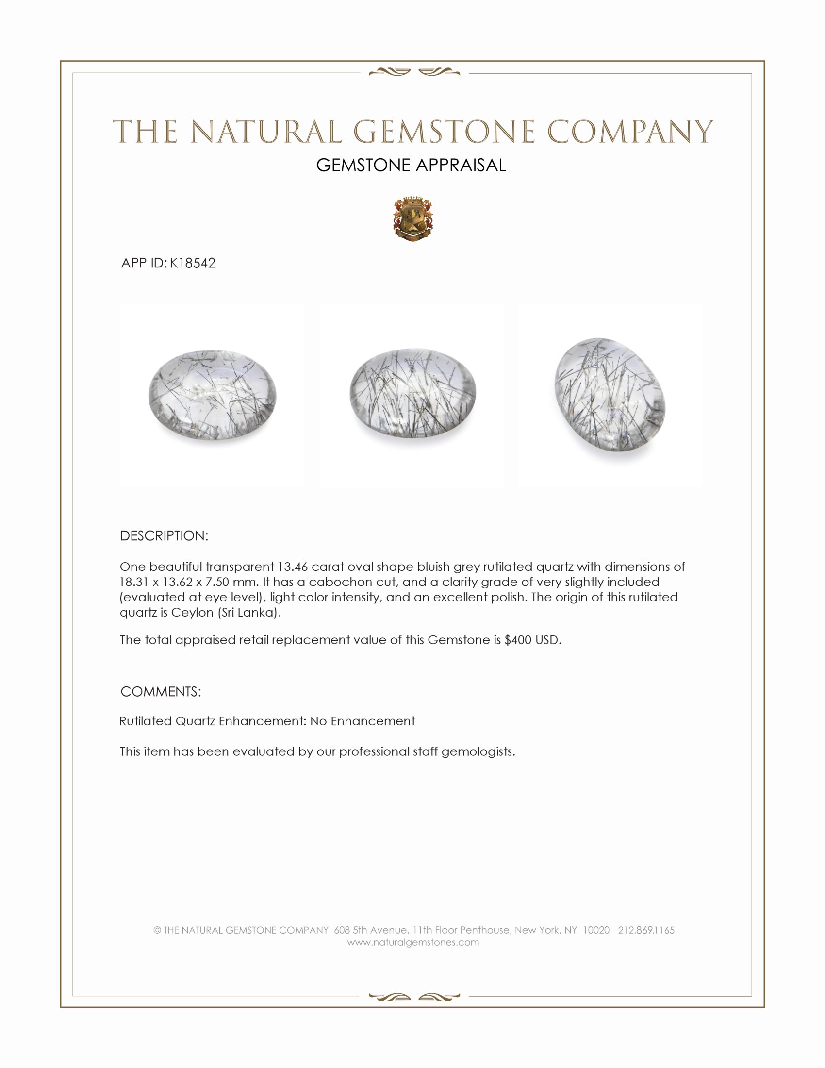 13.46 Ct. Bluish Grey Cabochon Rutilated Quartz from Ceylon (Sri Lanka)