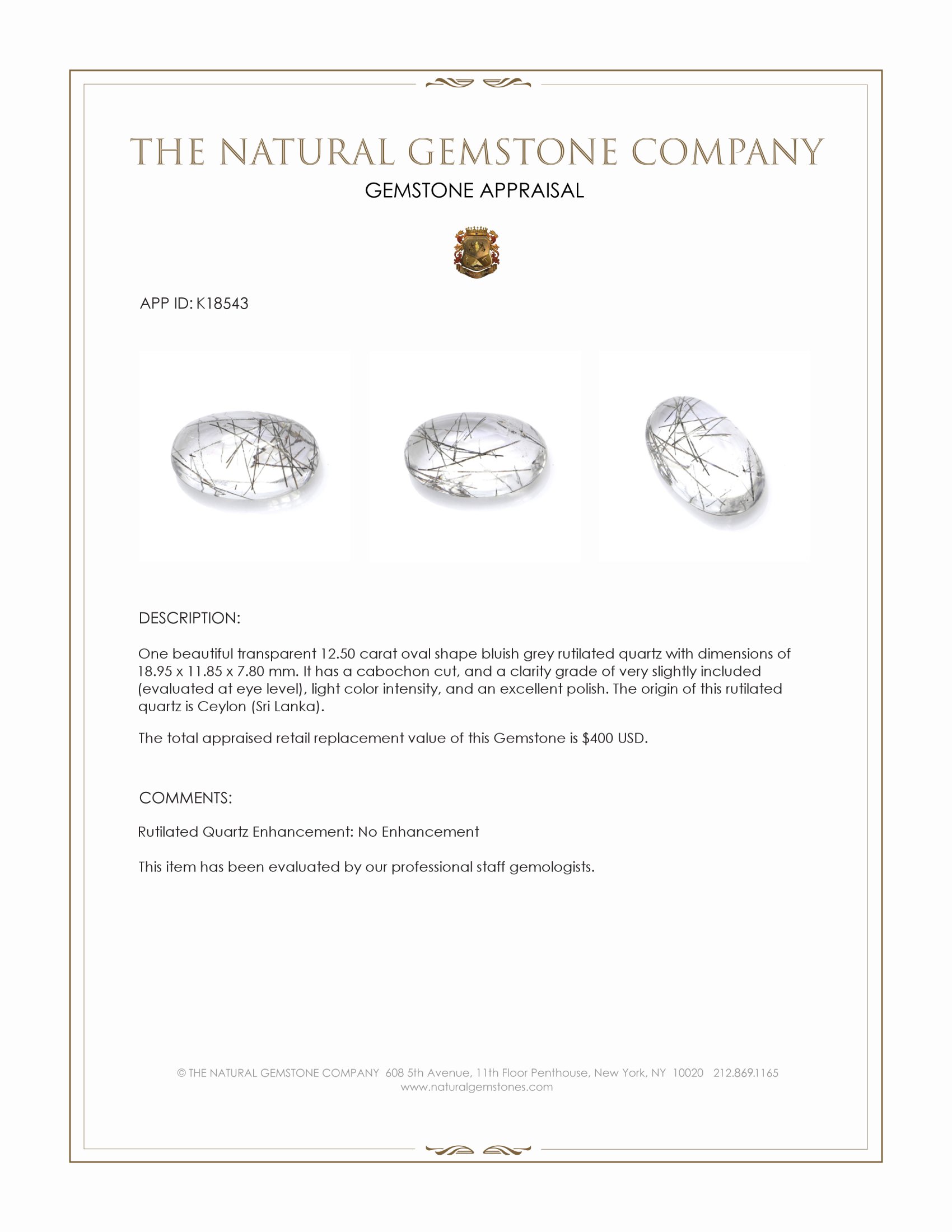 12.50 Ct. Bluish Grey Cabochon Rutilated Quartz from Ceylon (Sri Lanka)