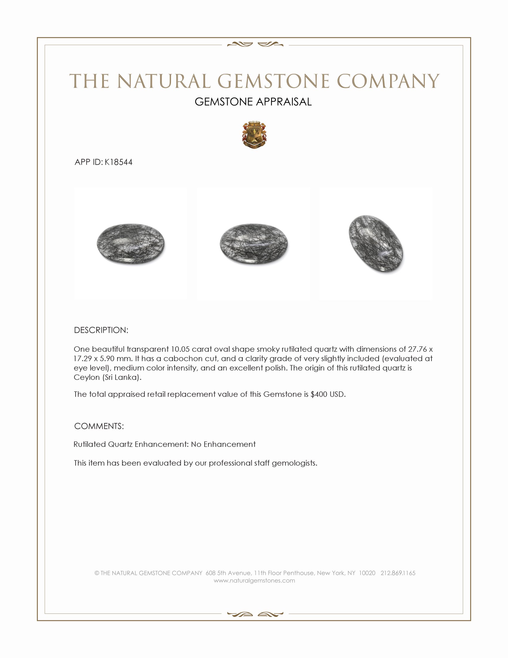 10.05 Ct. Smoky Cabochon Rutilated Quartz from Ceylon (Sri Lanka)