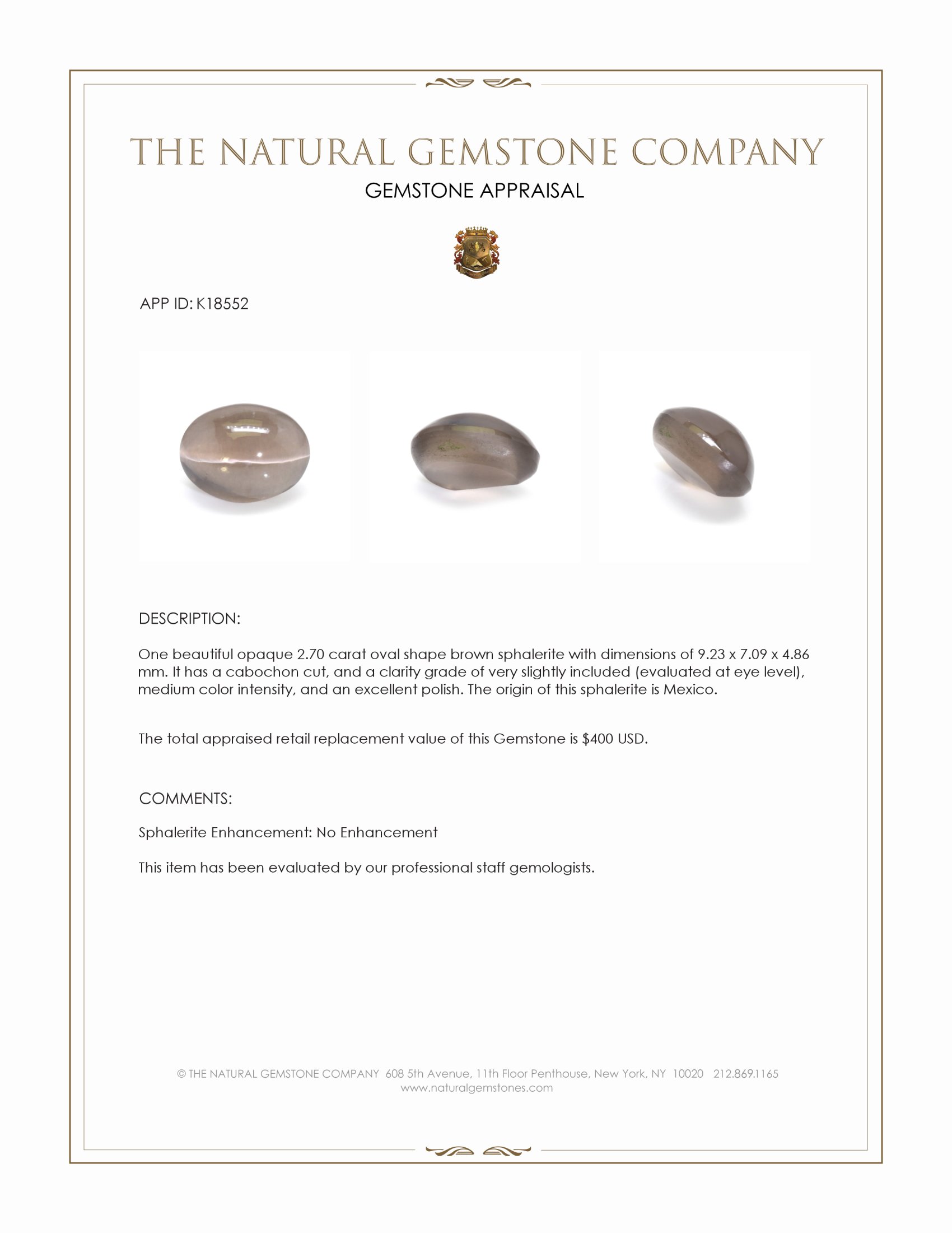 2.70 Ct. Cabochon Sphalerite from Mexico