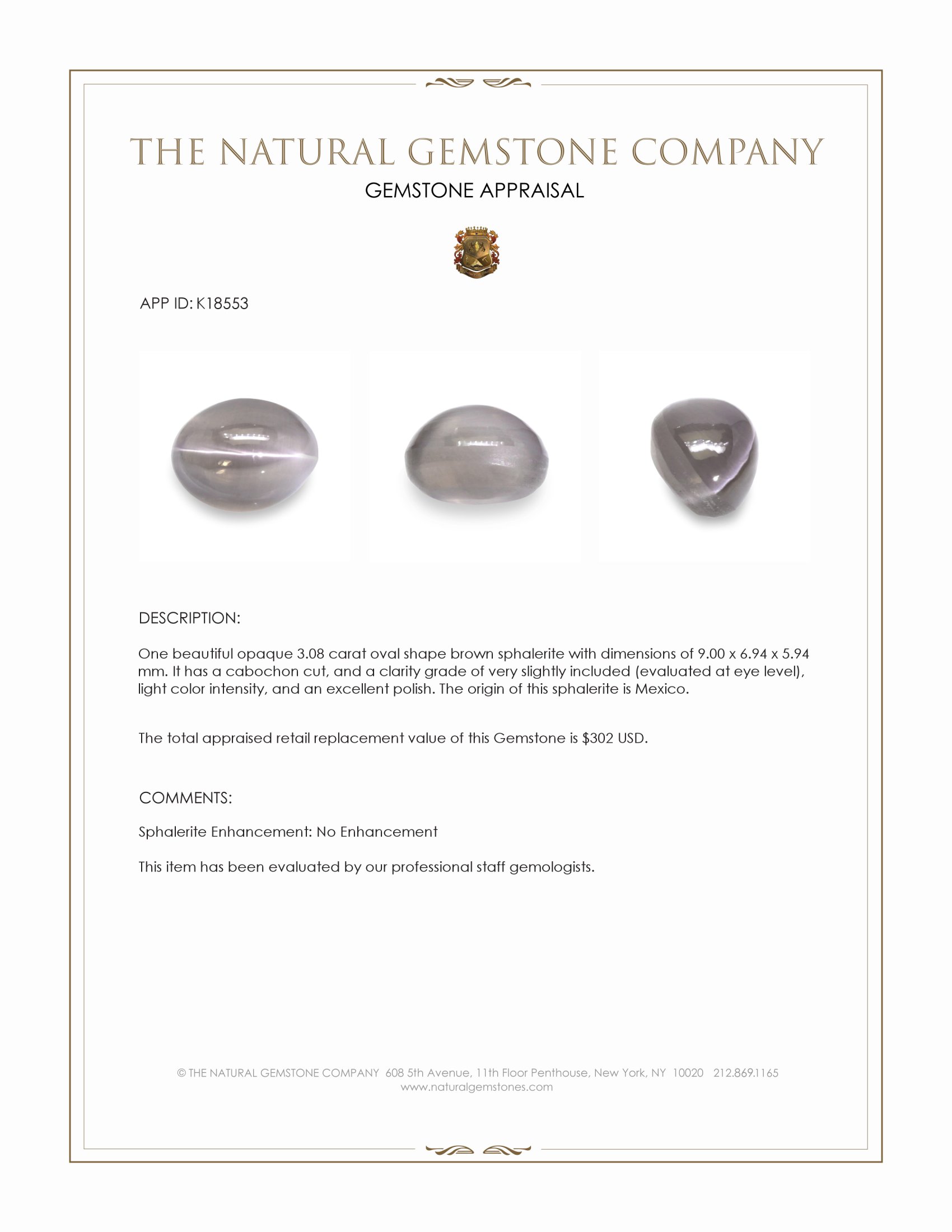 3.08 Ct. Cabochon Sphalerite from Mexico