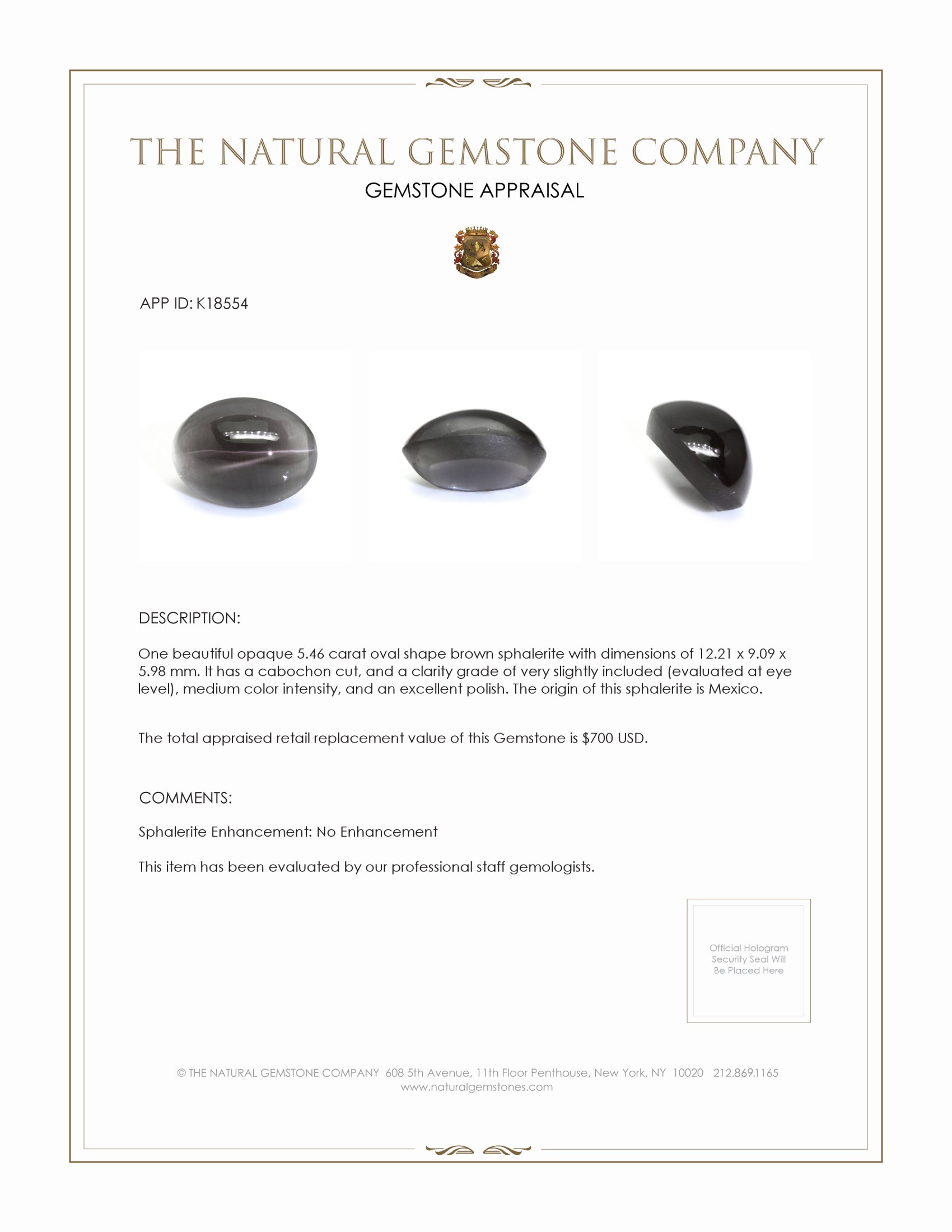 5.46 Ct. Cabochon Sphalerite from Mexico