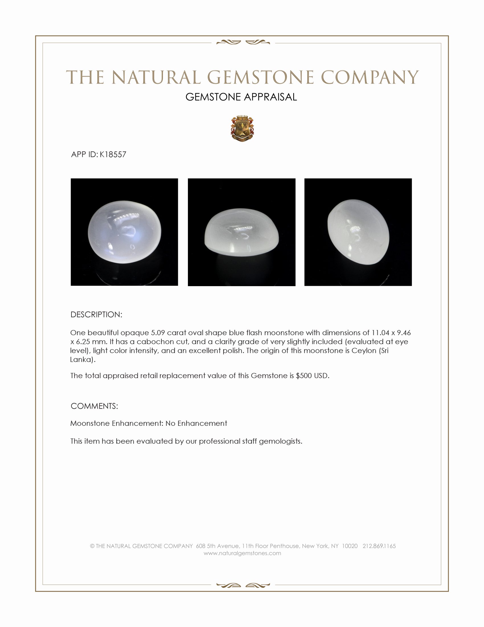 5.09 Ct. Cabochon Moonstone from Ceylon (Sri Lanka)