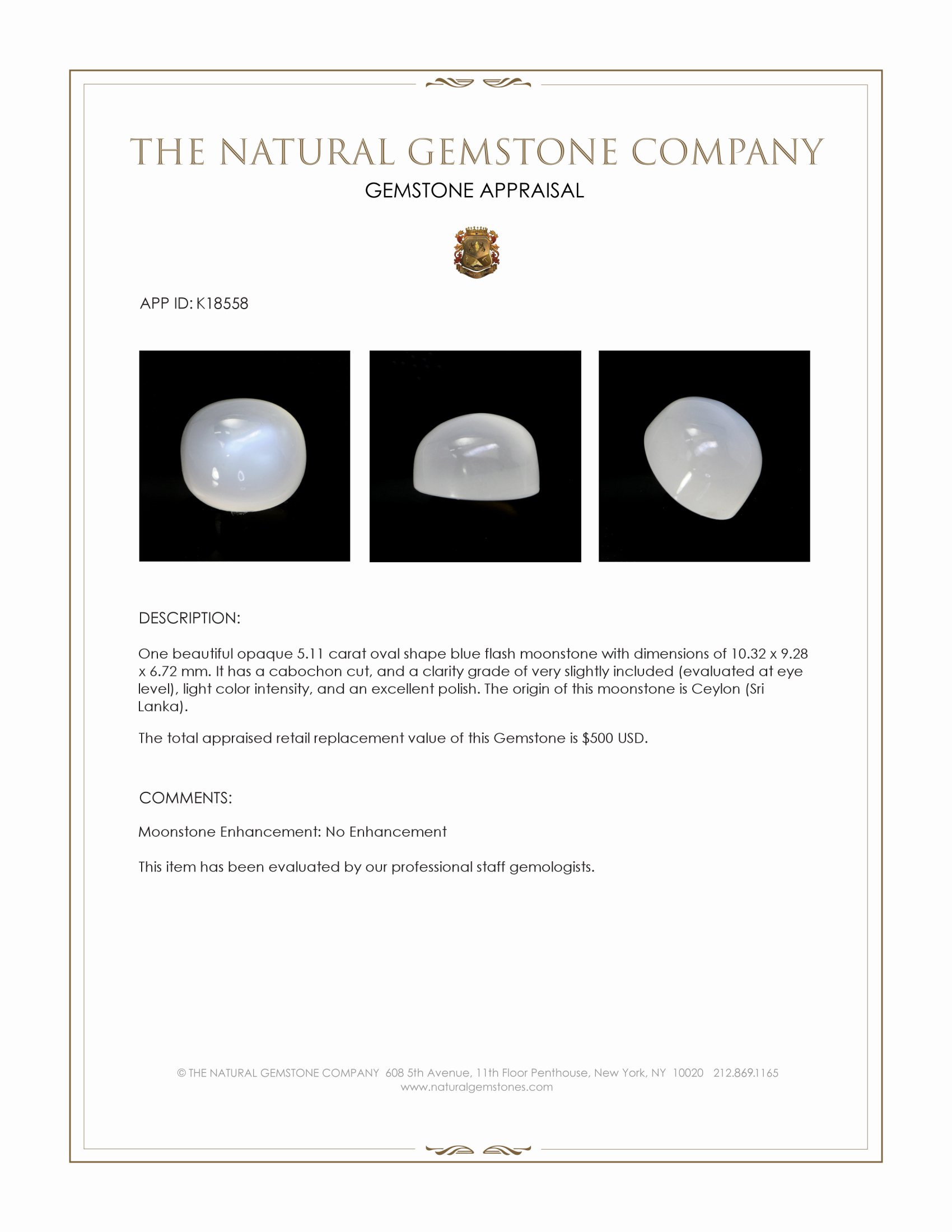 5.11 Ct. Cabochon Moonstone from Ceylon (Sri Lanka)