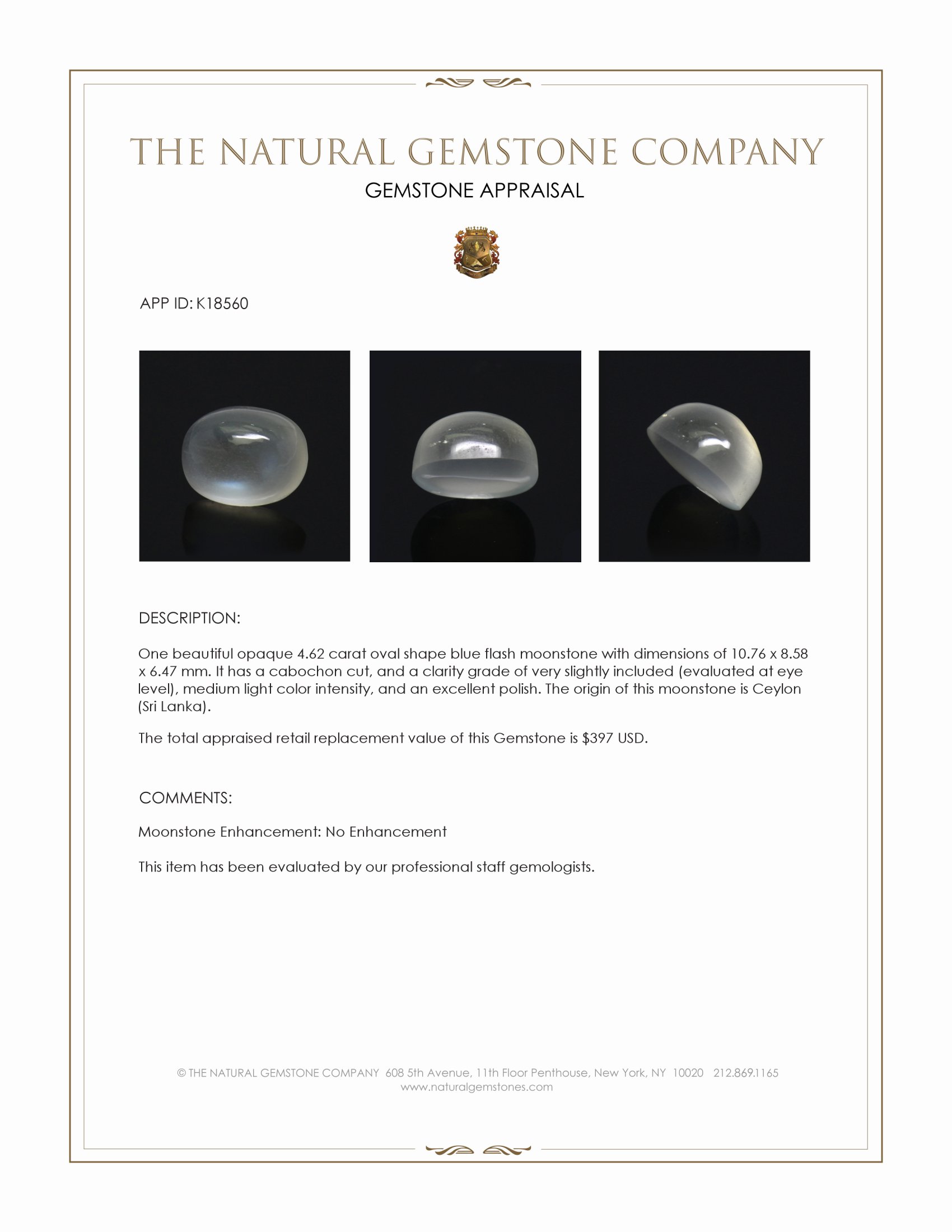 4.62 Ct. Cabochon Moonstone from Ceylon (Sri Lanka)