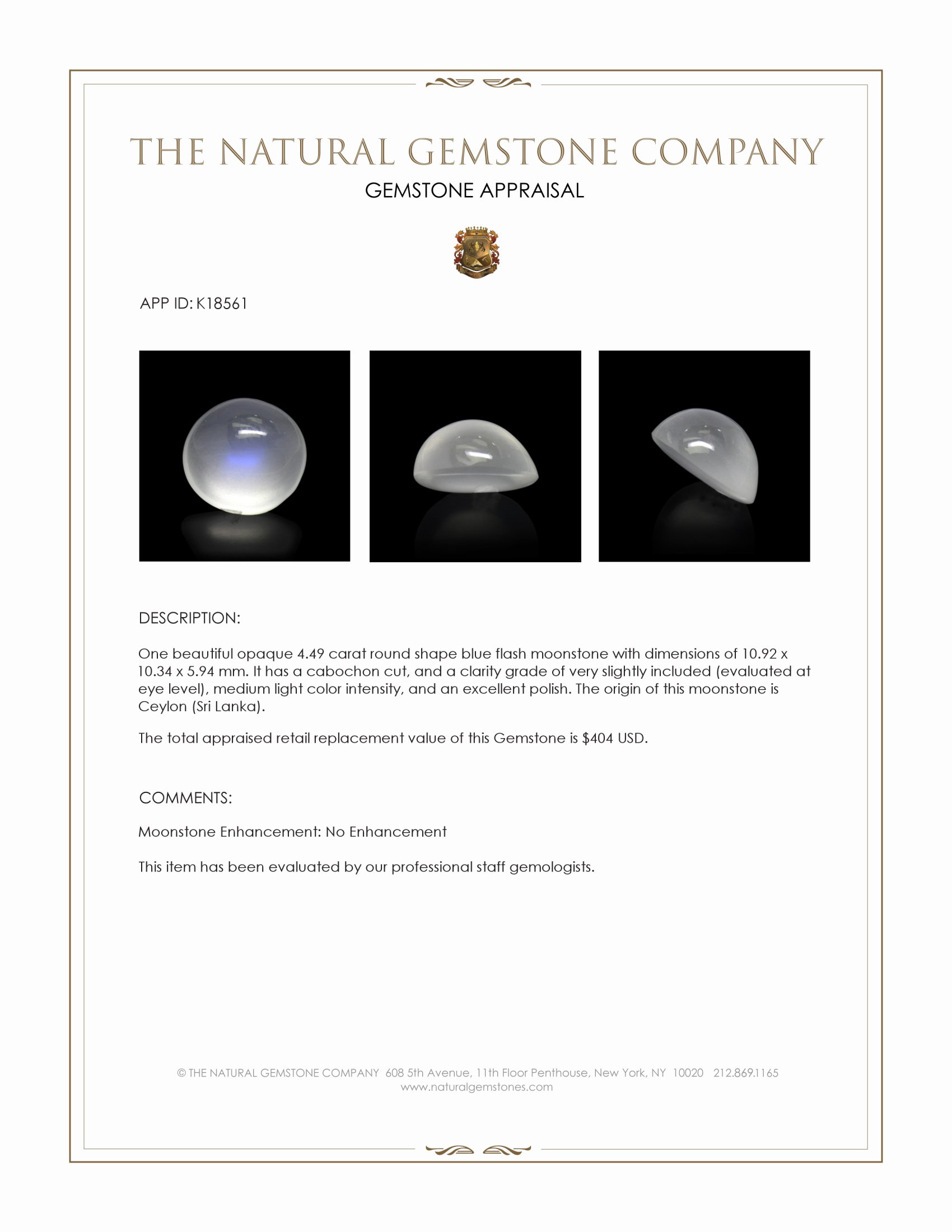 4.49 Ct. Blue Flash Cabochon Moonstone from Ceylon (Sri Lanka)