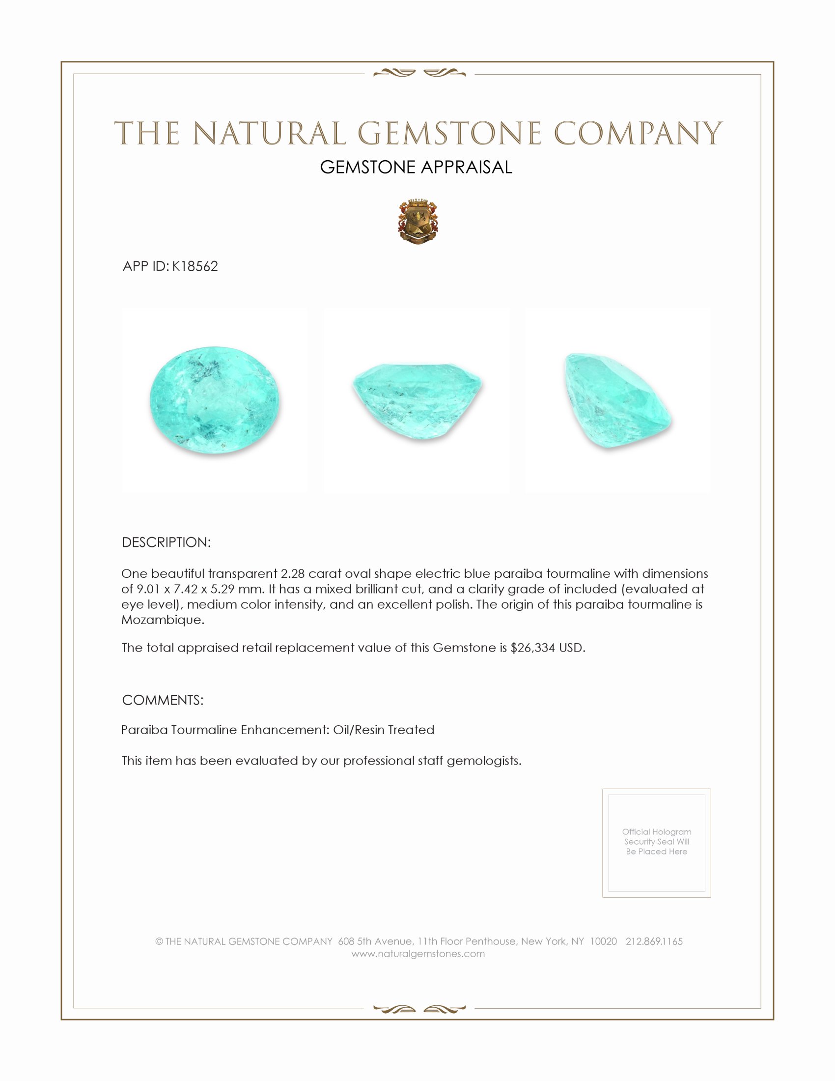 2.28 Ct. Greenish Blue Paraiba Tourmaline from Mozambique