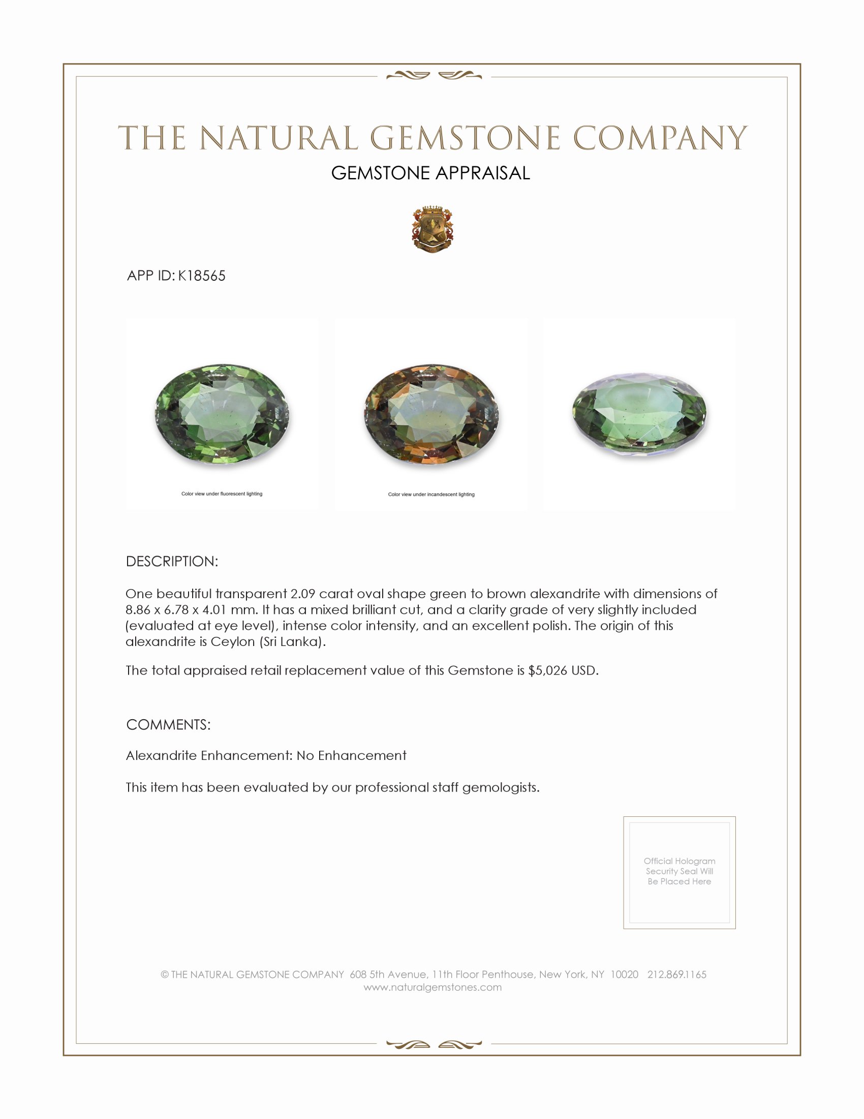 2.09 Ct. Alexandrite from Ceylon (Sri Lanka)