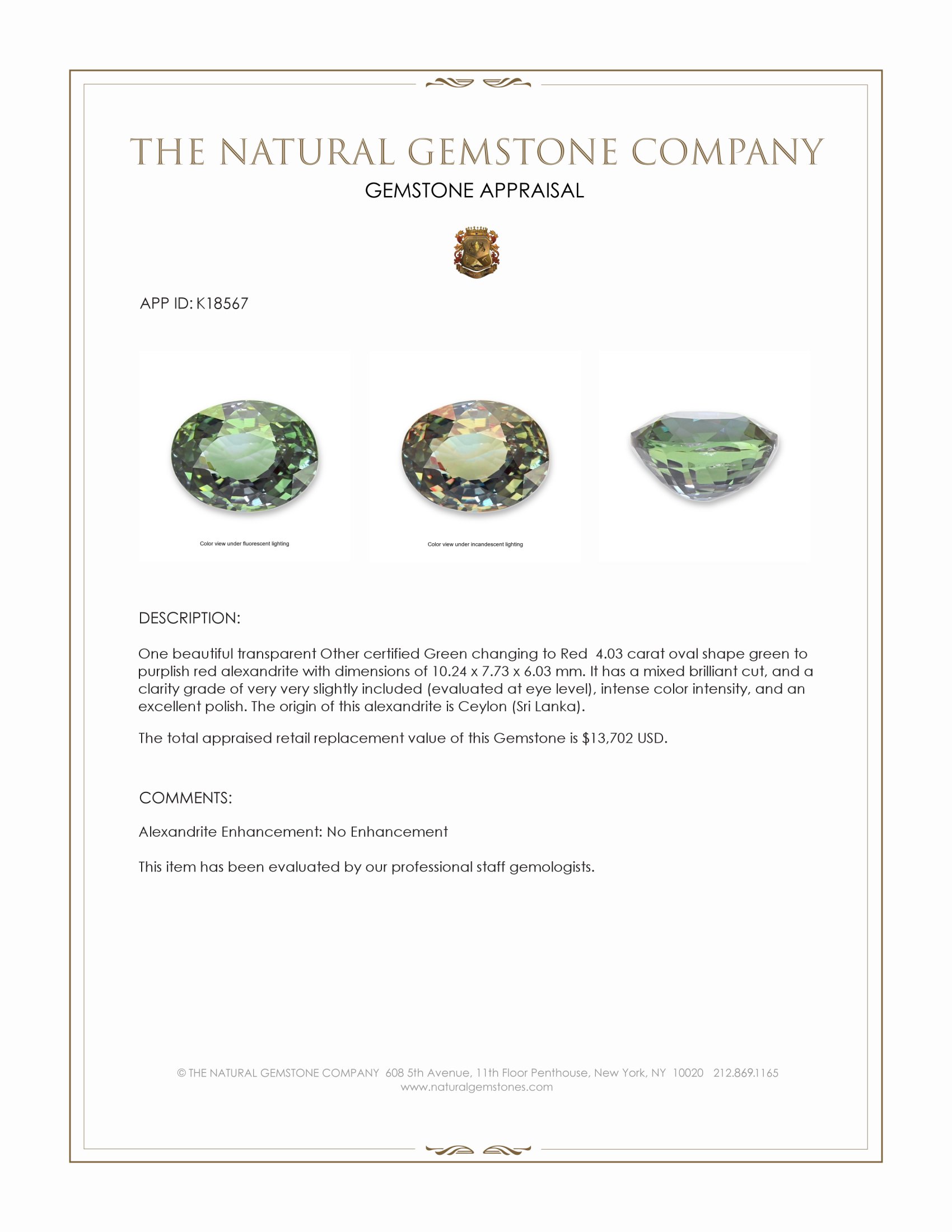 4.03 Ct. Alexandrite from Ceylon (Sri Lanka)