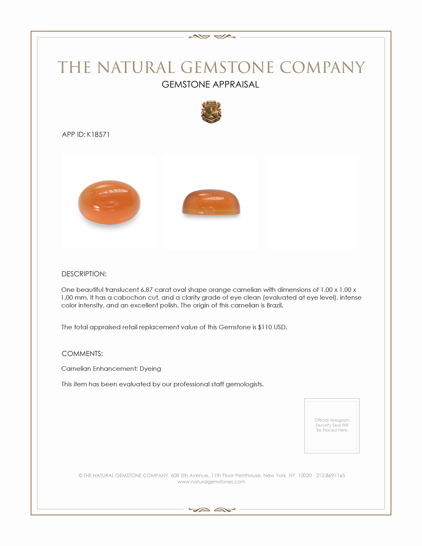 6.87 Ct. Orange Cabochon Carnelian from Brazil