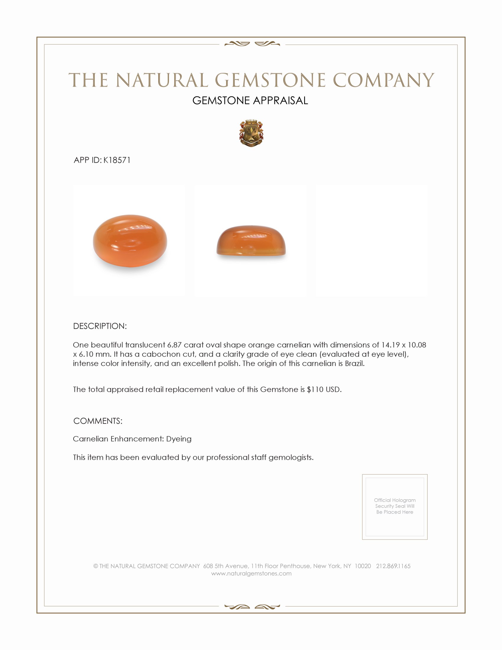 6.87 Ct. Cabochon Carnelian from Brazil