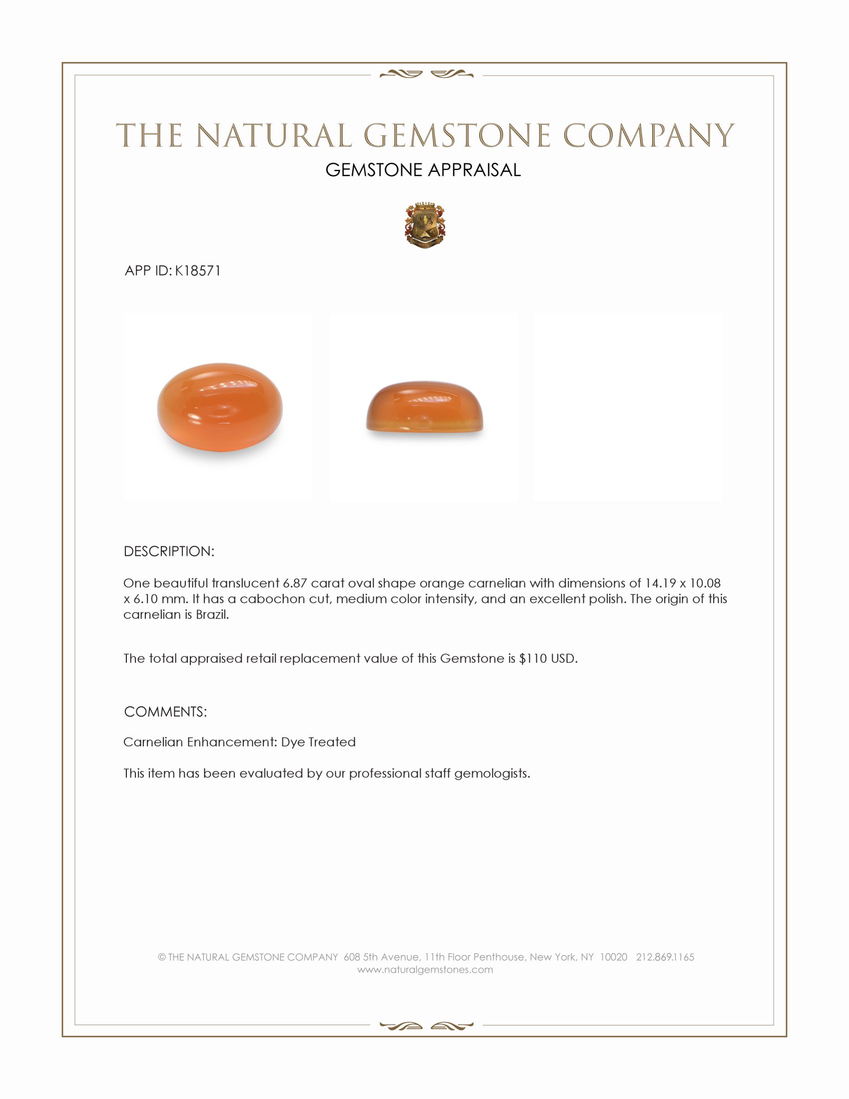 6.87 Ct. Orange Cabochon Carnelian from Brazil