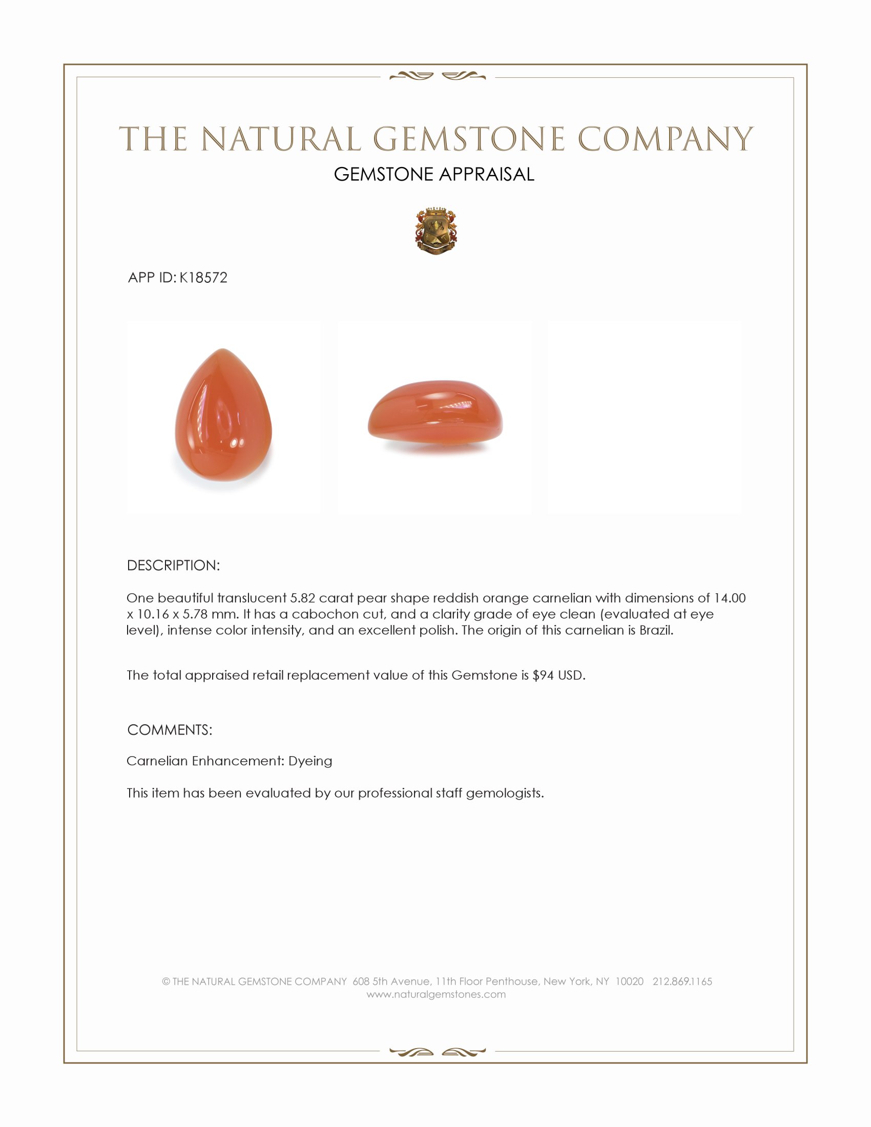 5.82 Ct. Cabochon Carnelian from Brazil