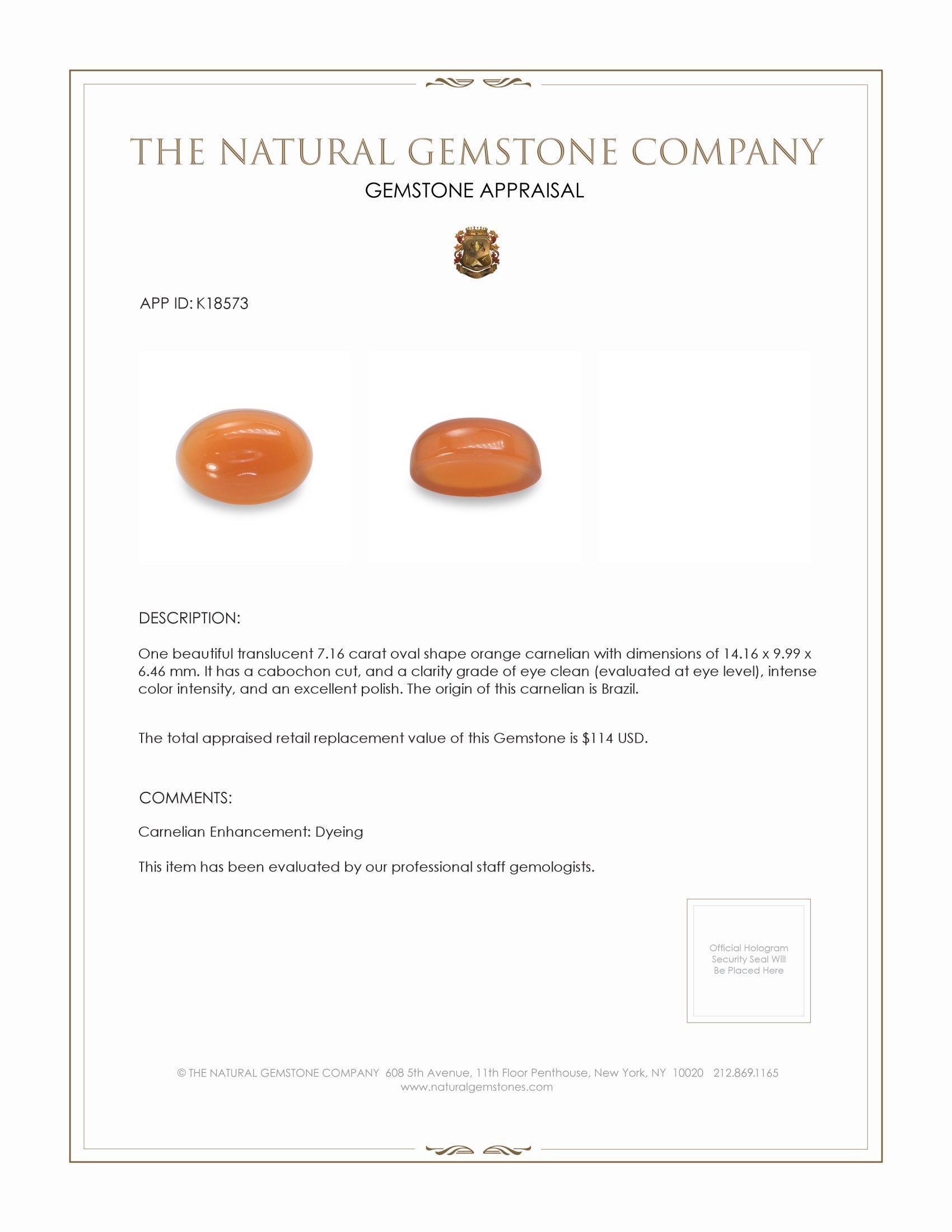 7.16 Ct. Cabochon Carnelian from Brazil