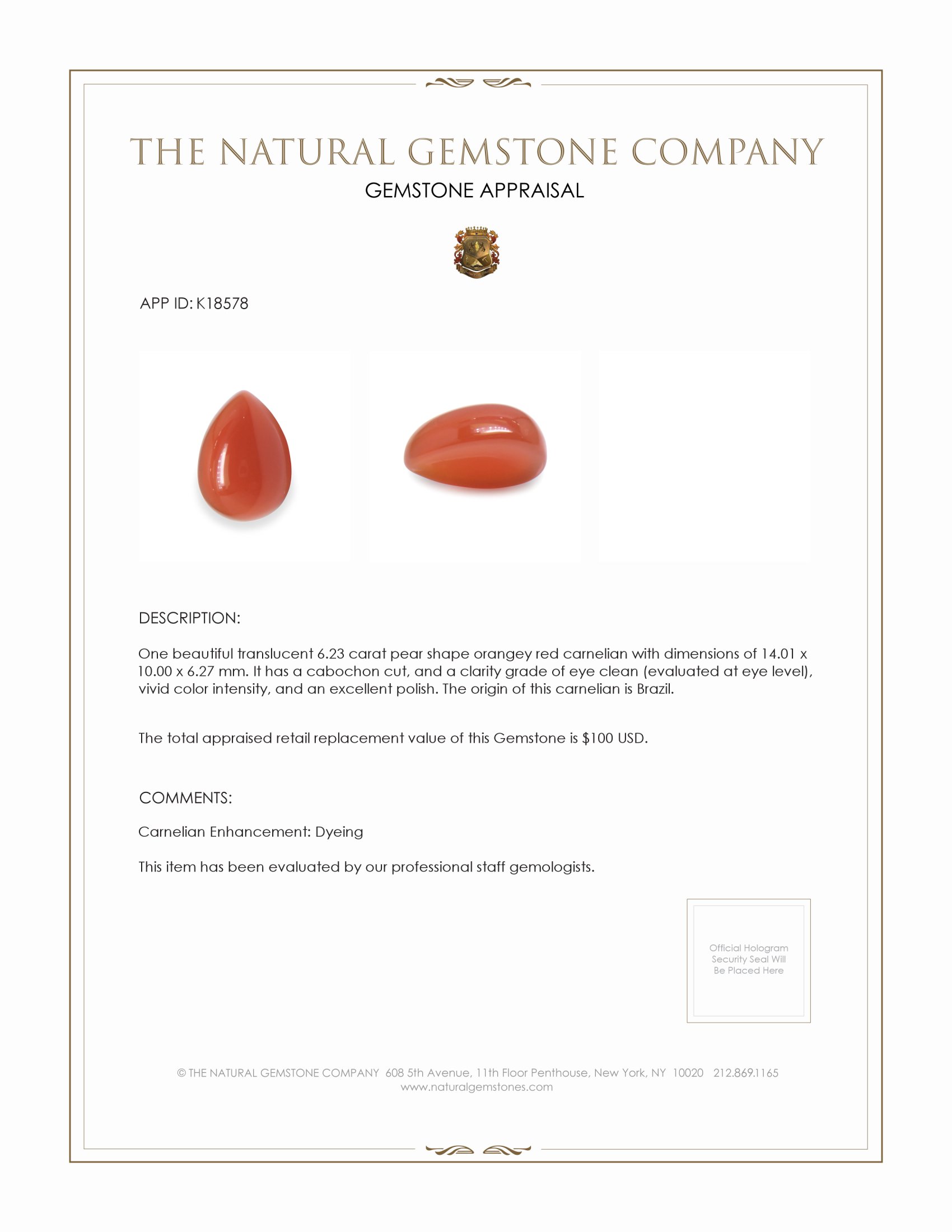 6.23 Ct. Orangey Red Cabochon Carnelian from Brazil
