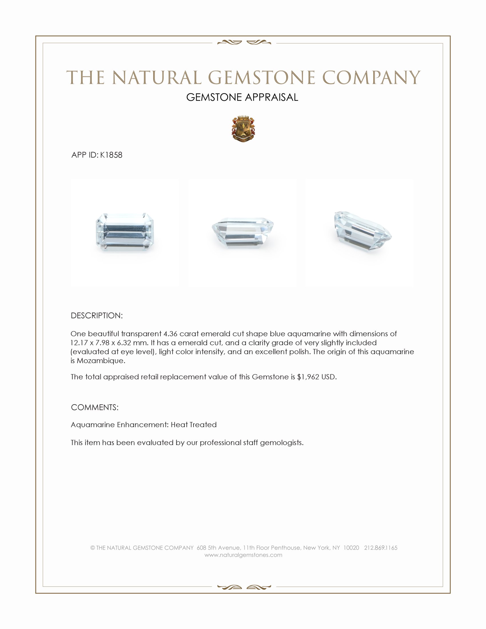 4.36 Ct. Aquamarine from Mozambique