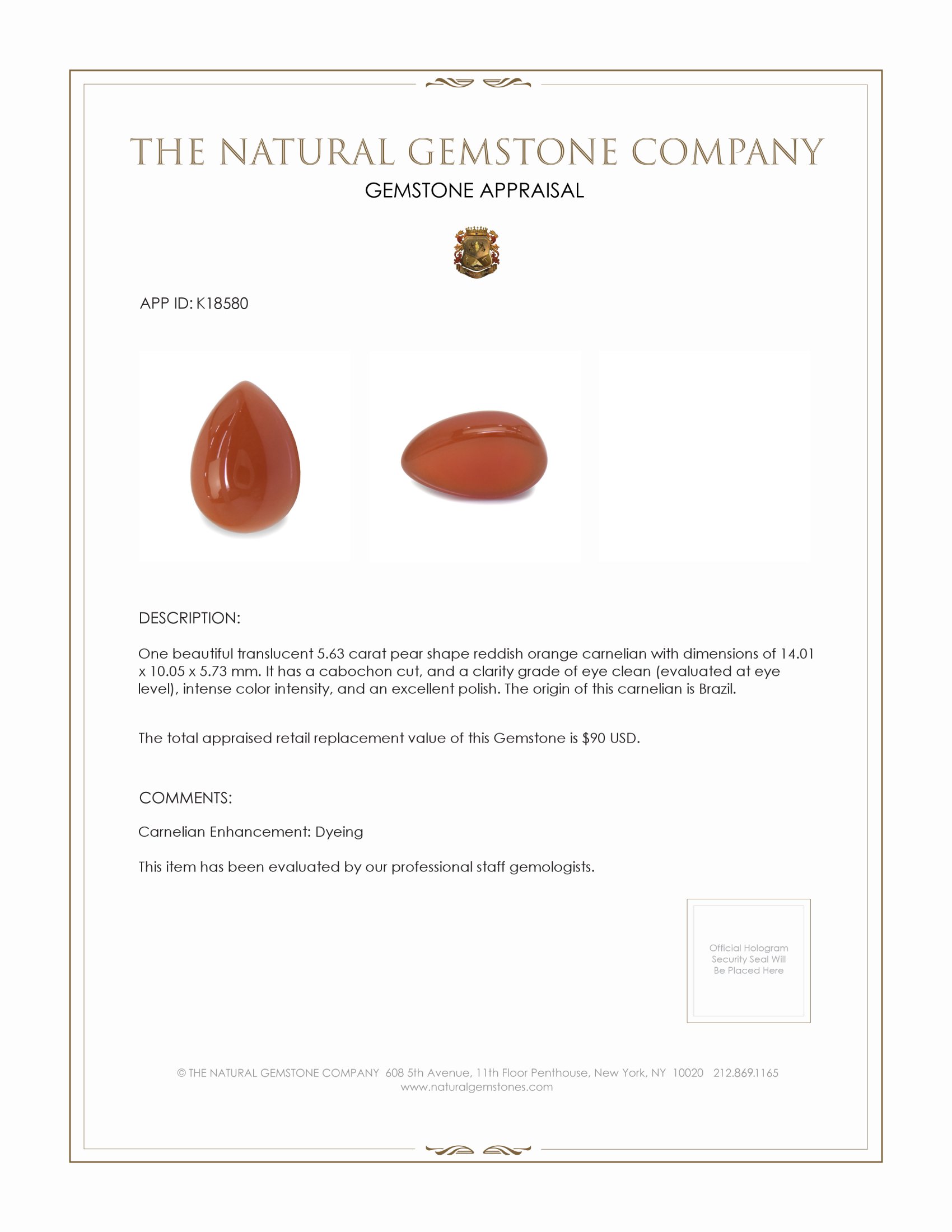 5.63 Ct. Reddish Orange Cabochon Carnelian from Brazil