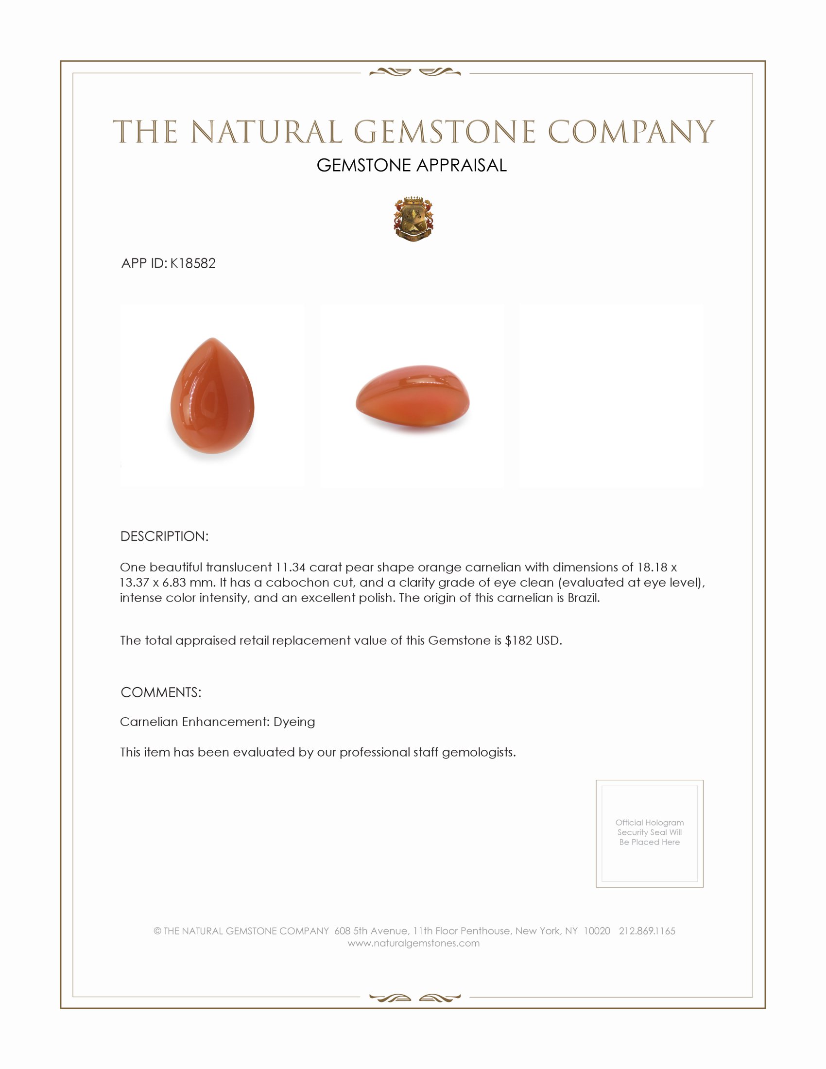 11.34 Ct. Orange Cabochon Carnelian from Brazil
