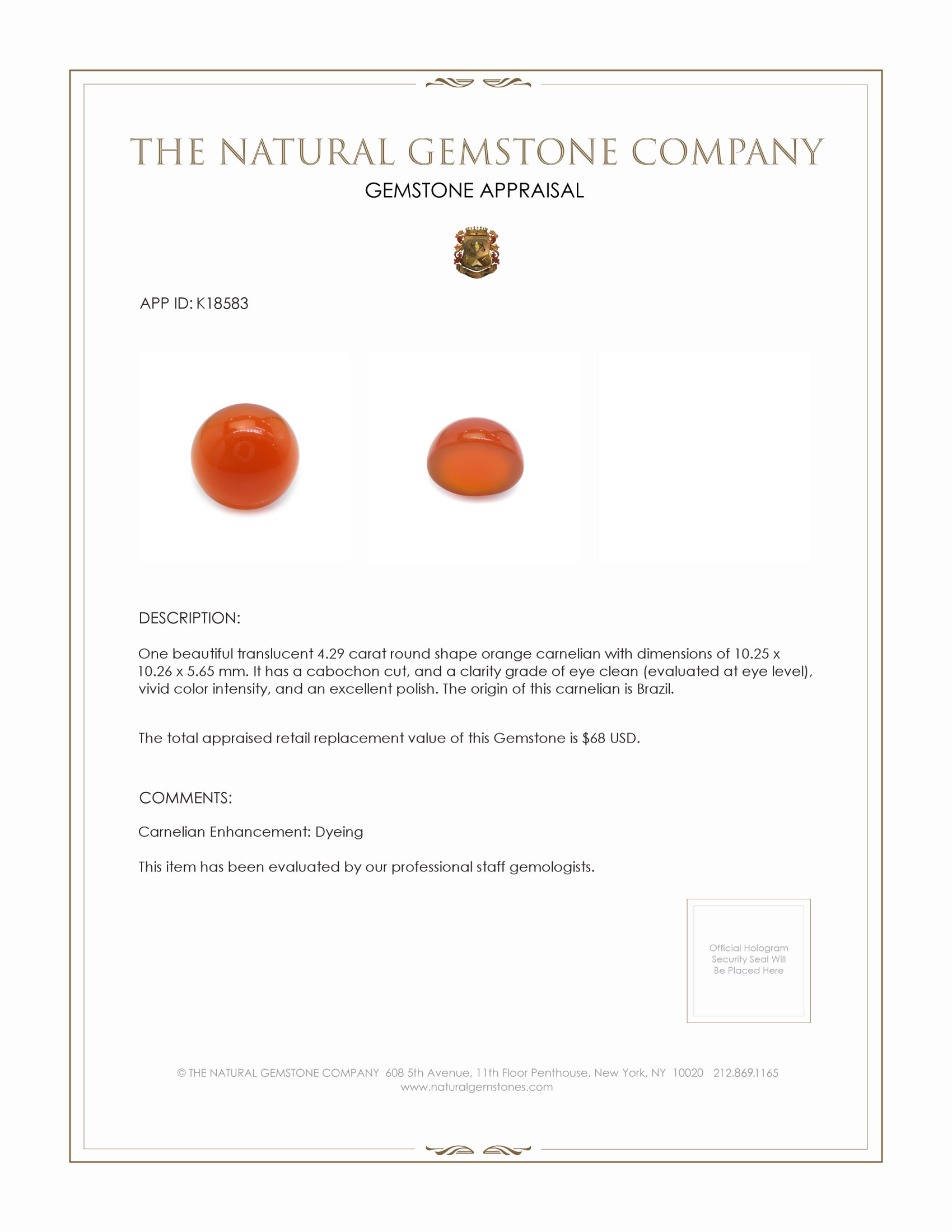 4.29 Ct. Cabochon Carnelian from Brazil