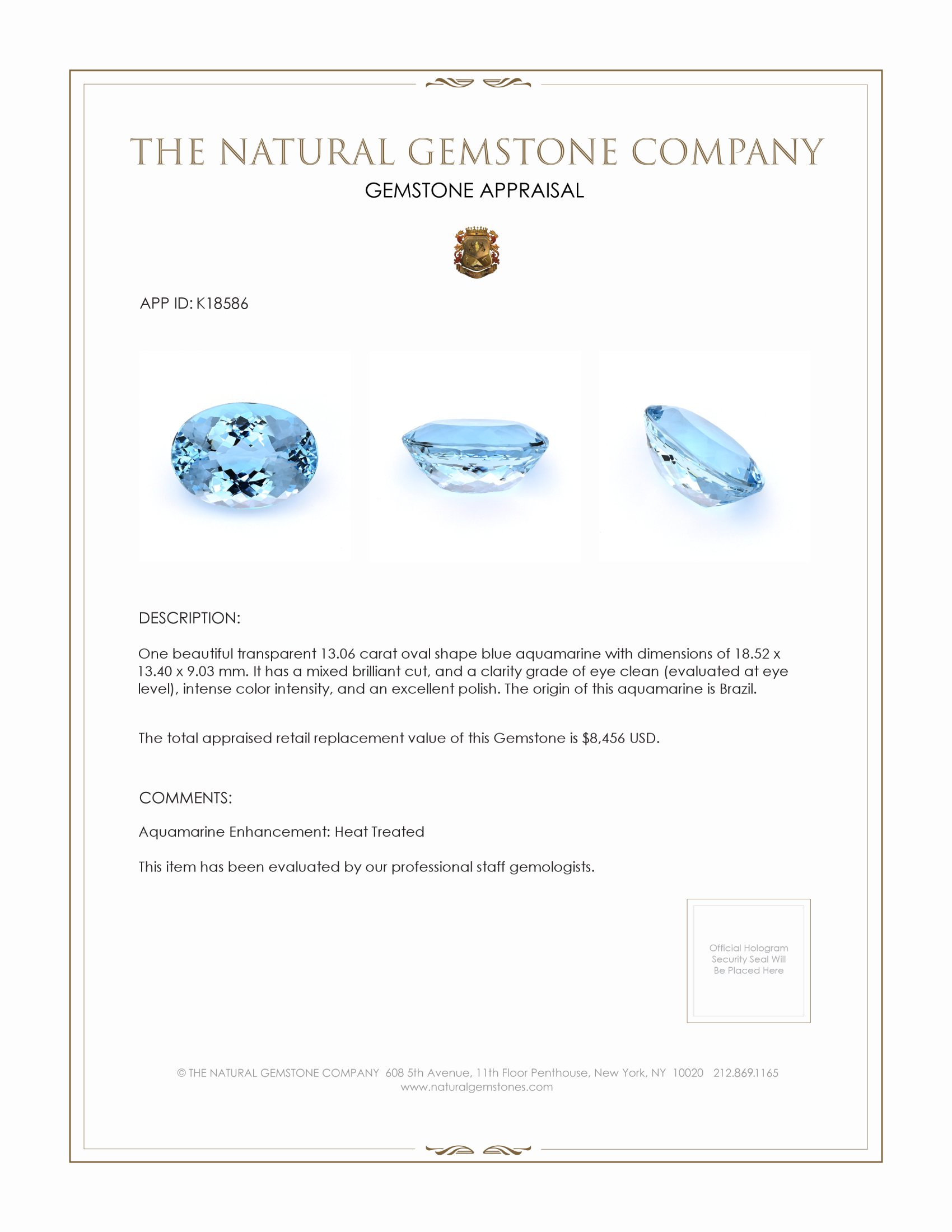 13.06 Ct. Blue Aquamarine from Brazil