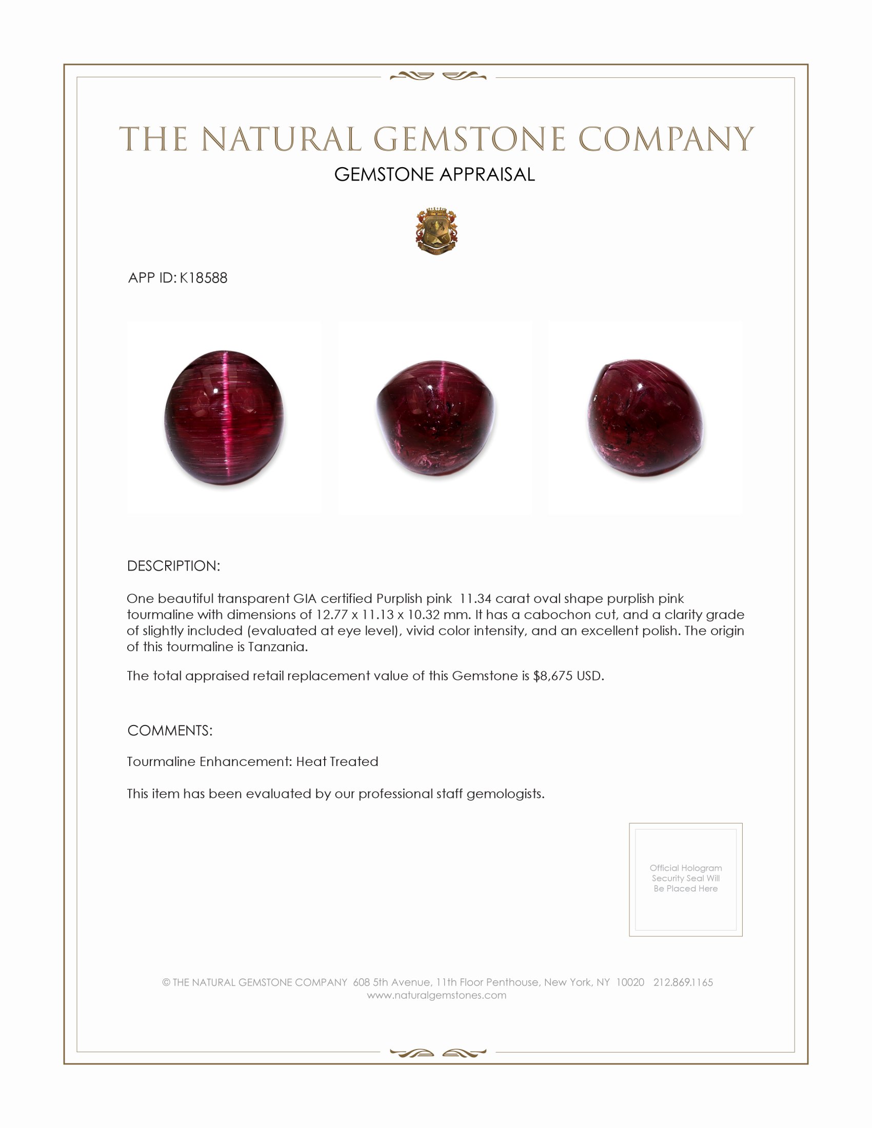 11.34 Ct. Purplish Pink Cabochon Tourmaline from Tanzania