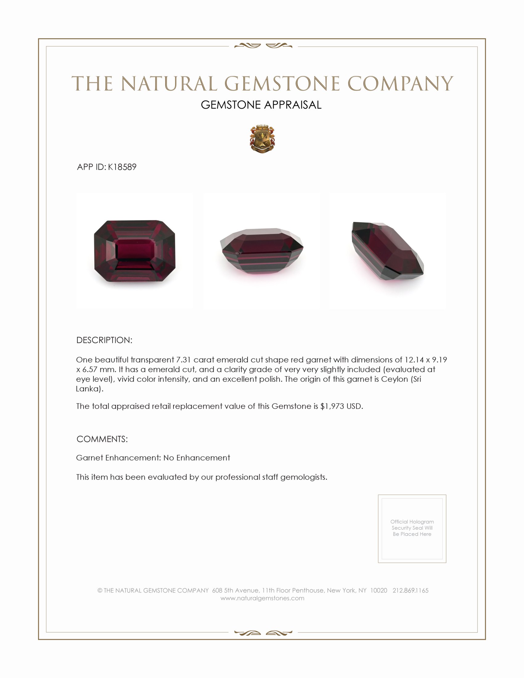 7.31 Ct. Garnet from Ceylon (Sri Lanka)