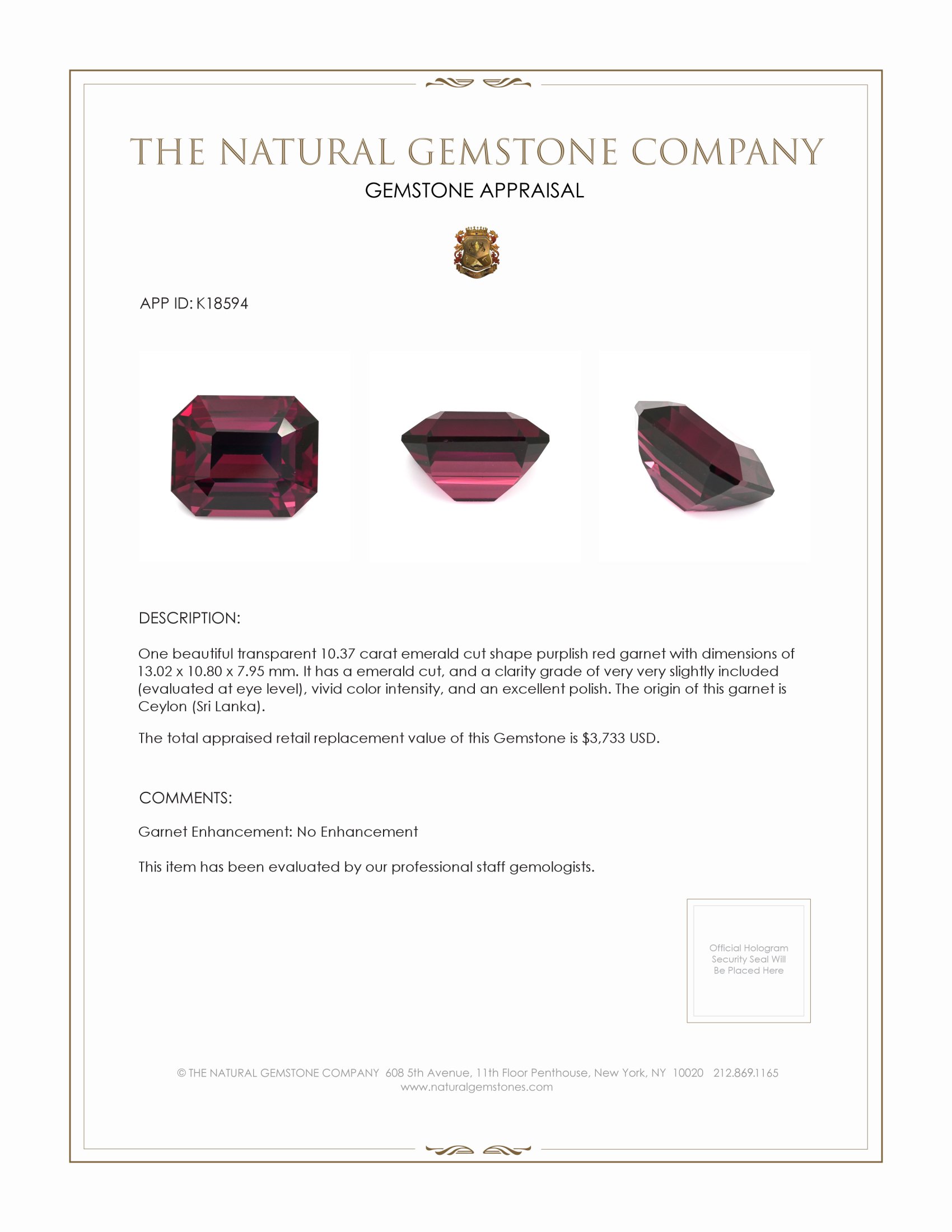 10.37 Ct. Garnet from Ceylon (Sri Lanka)