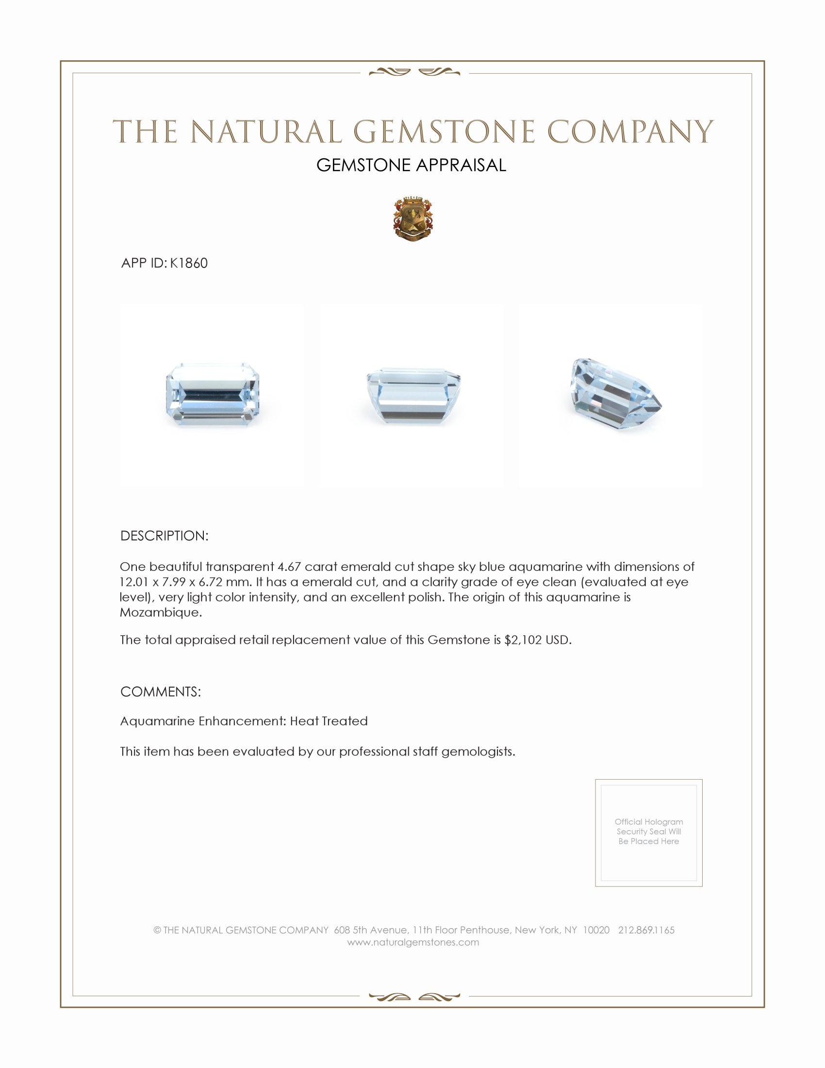 4.67 Ct. Aquamarine from Mozambique