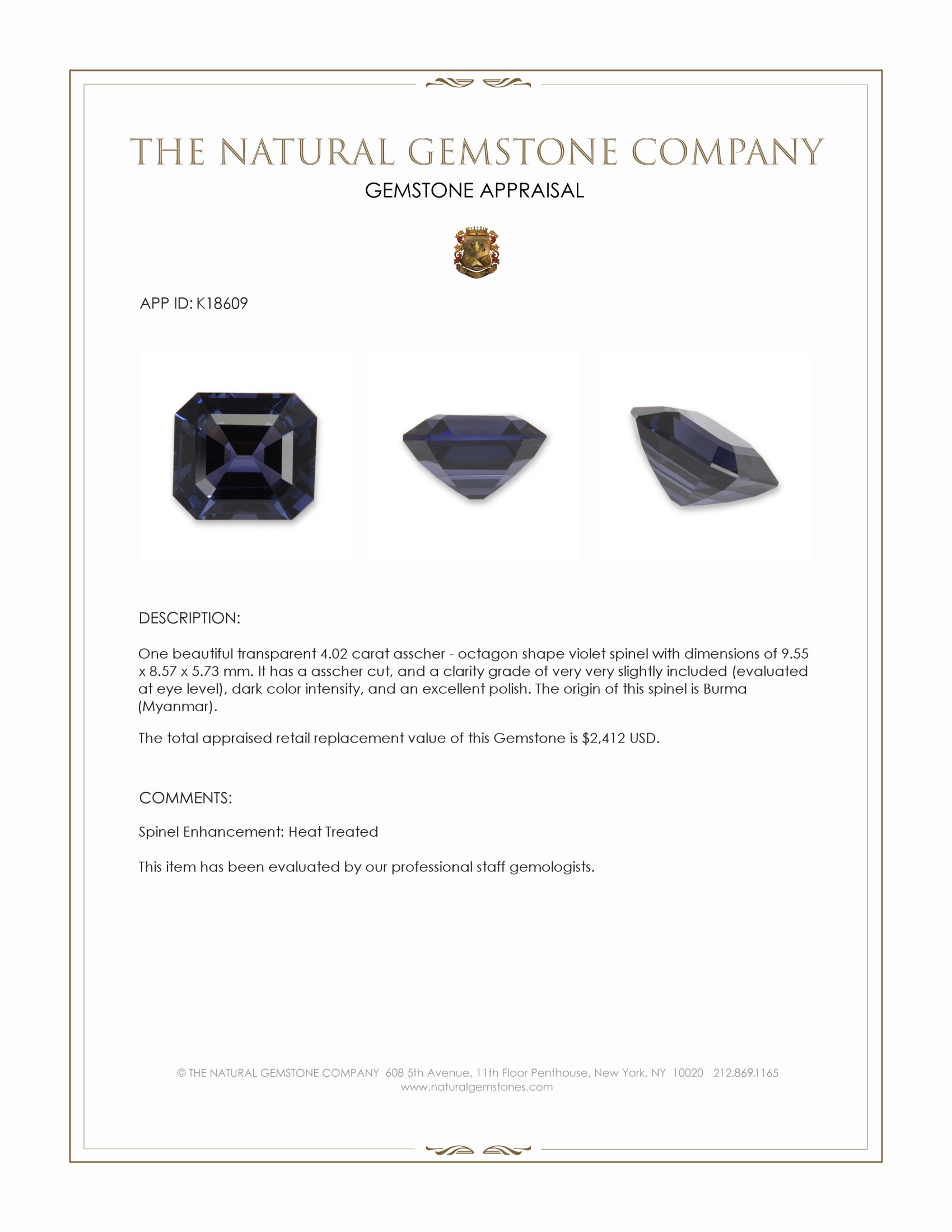 4.02 Ct. Violet Spinel from Burma (Myanmar)