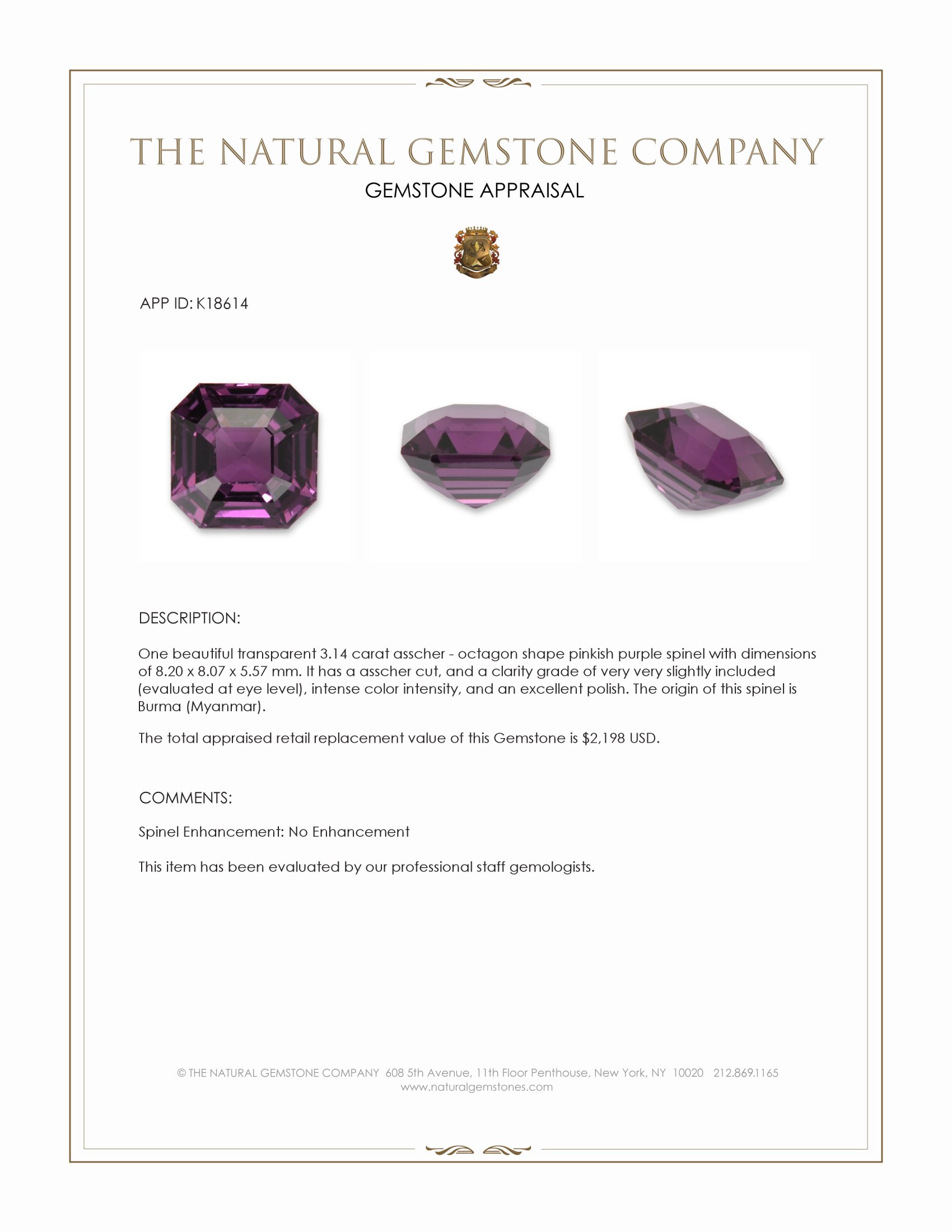 3.14 Ct. Pinkish Purple Spinel from Burma (Myanmar)