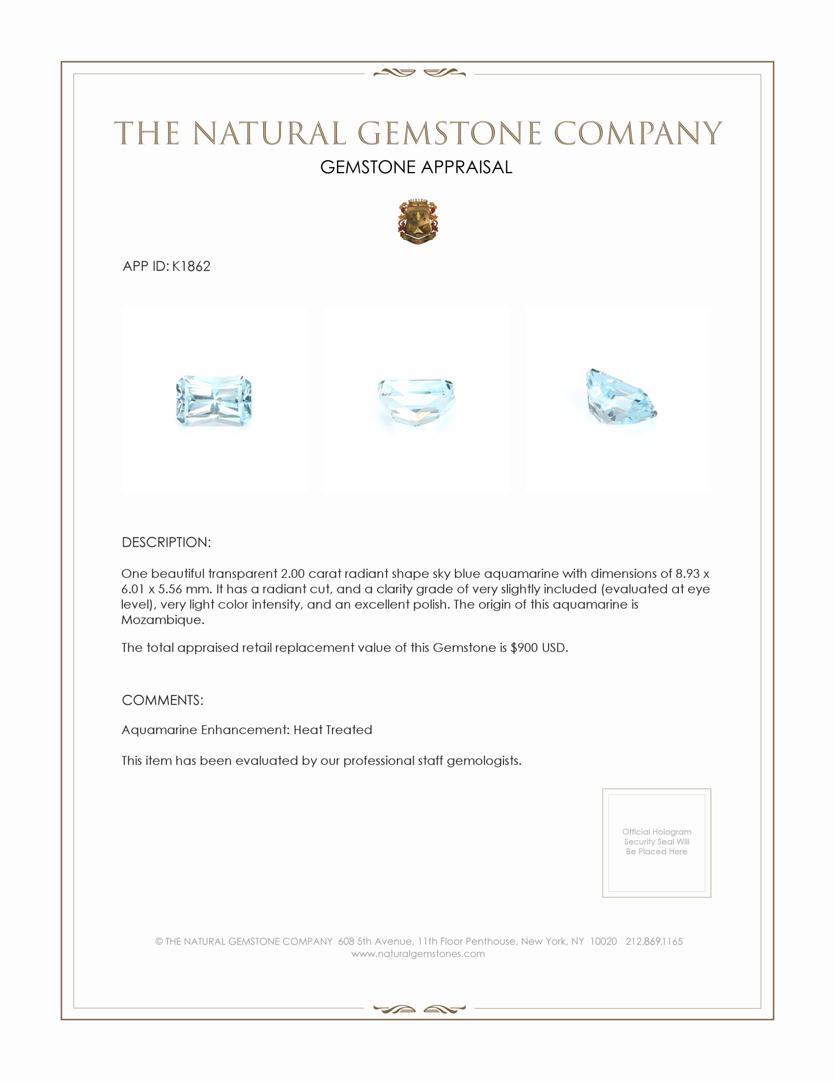 2.00 Ct. Aquamarine from Mozambique