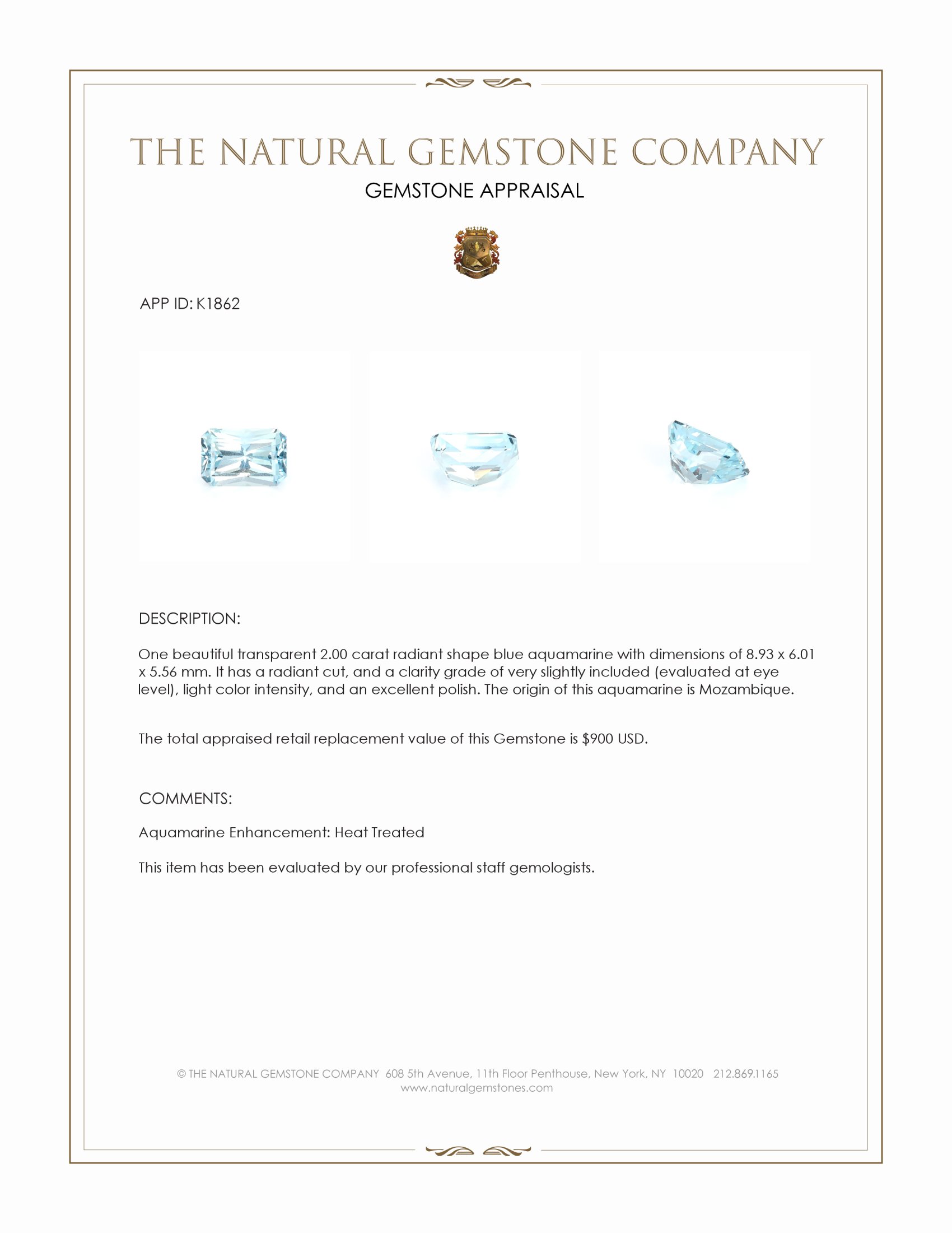 2.00 Ct. Aquamarine from Mozambique