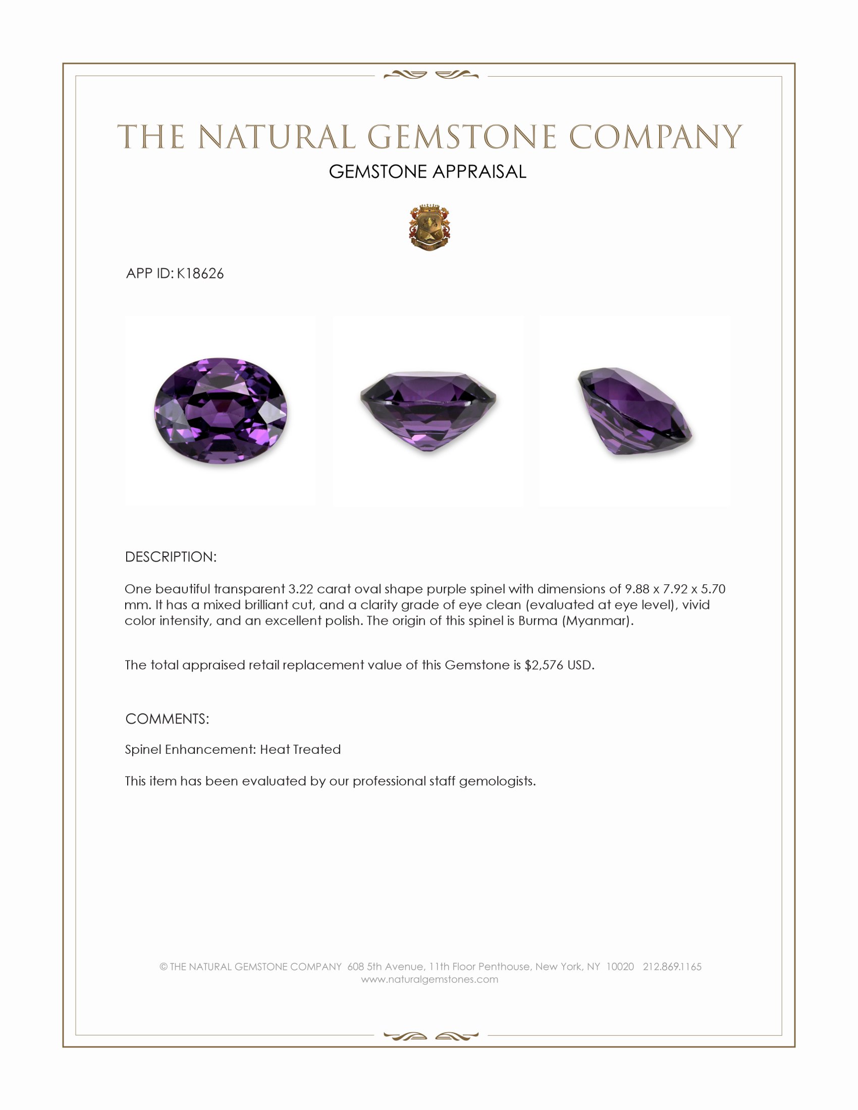 3.22 Ct. Purple Spinel from Burma (Myanmar)
