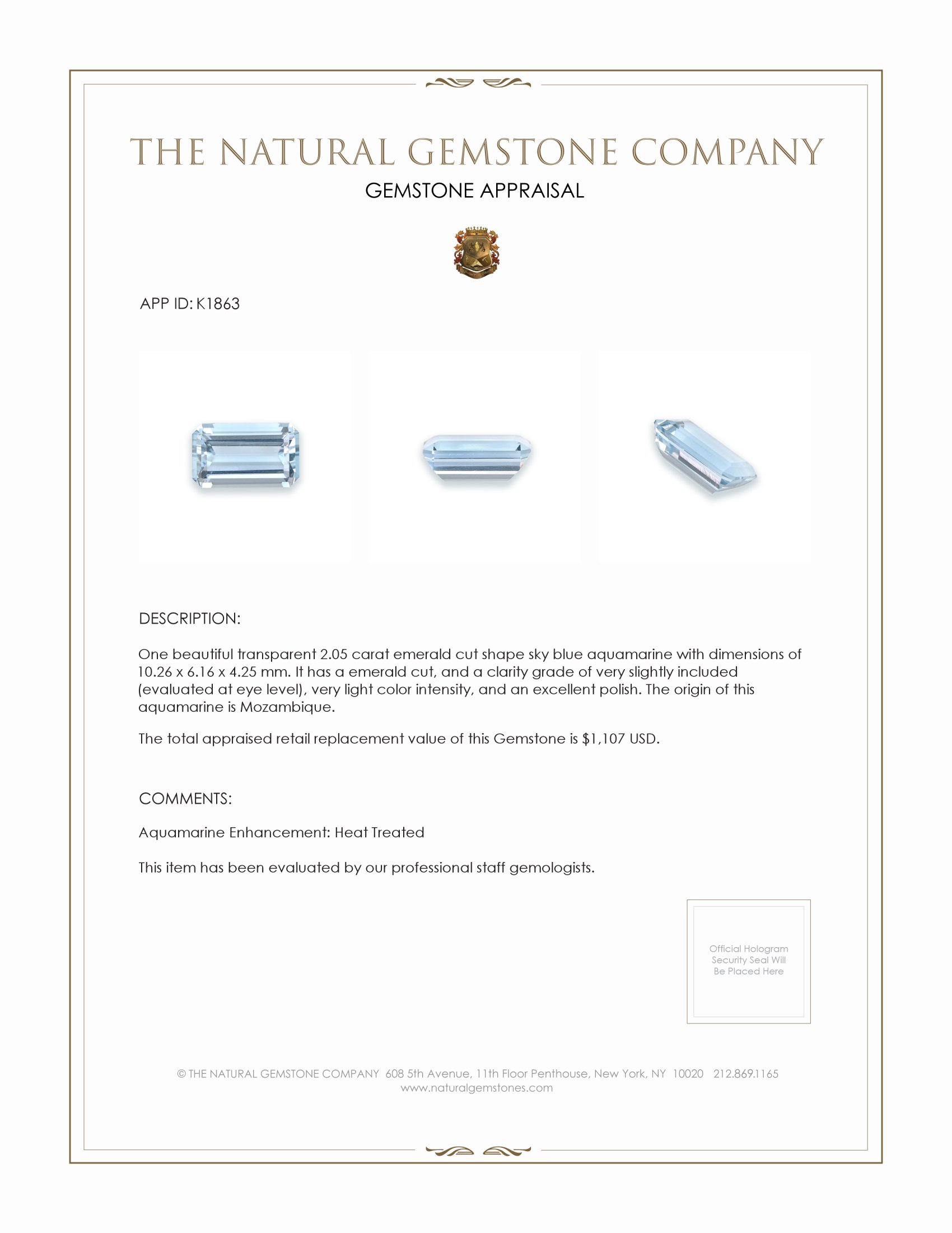 2.05 Ct. Aquamarine from Mozambique