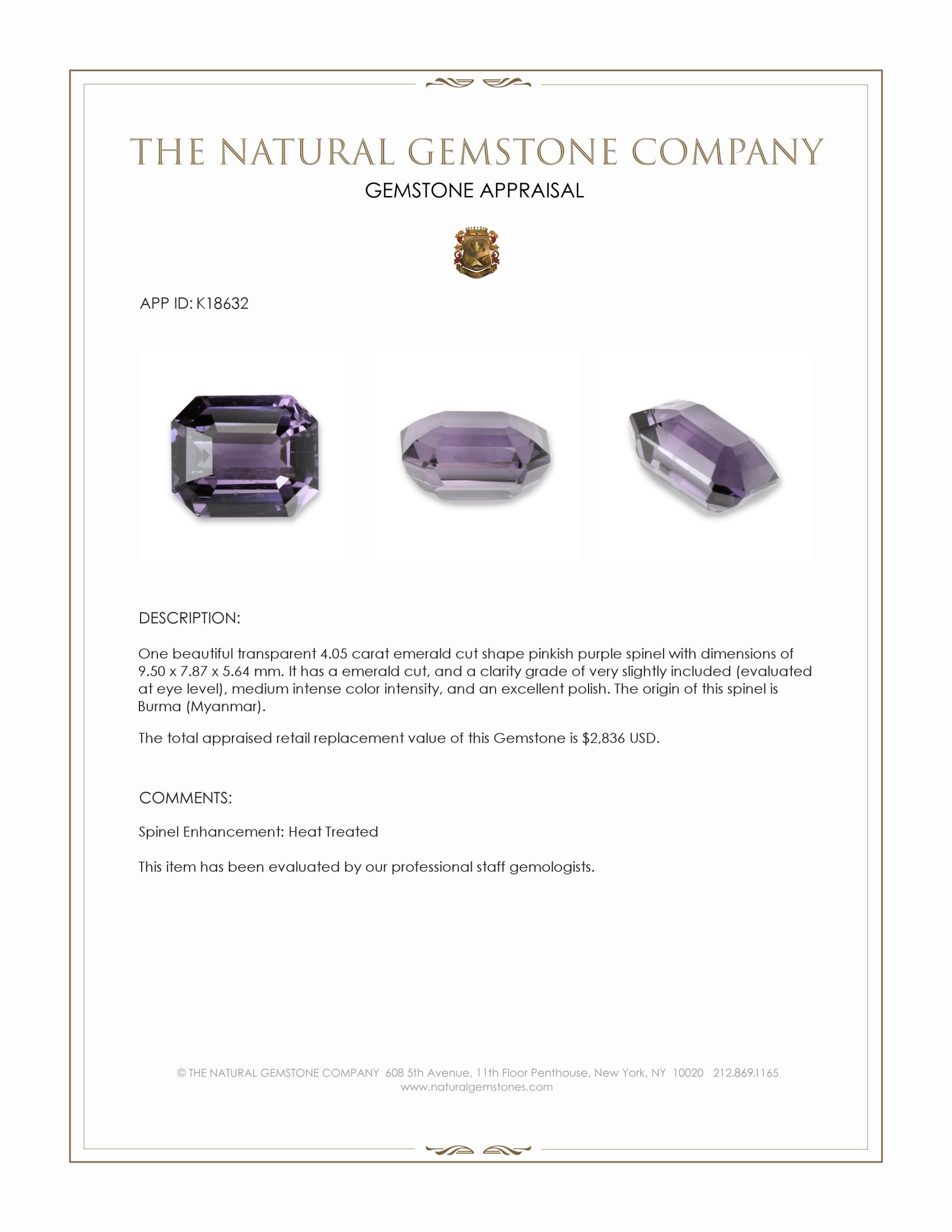 4.05 Ct. Pinkish Purple Spinel from Burma (Myanmar)