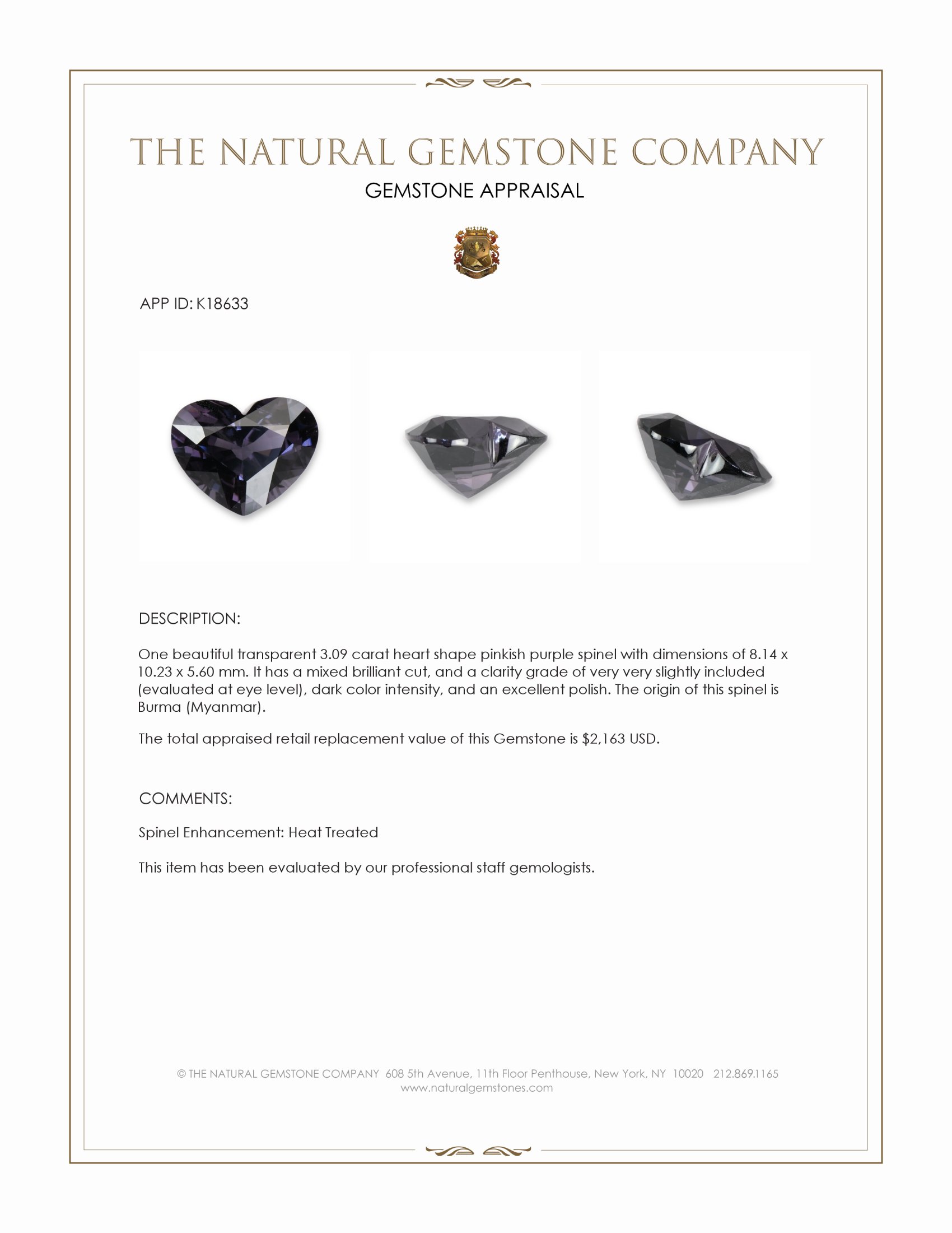 3.09 Ct. Pinkish Purple Spinel from Burma (Myanmar)