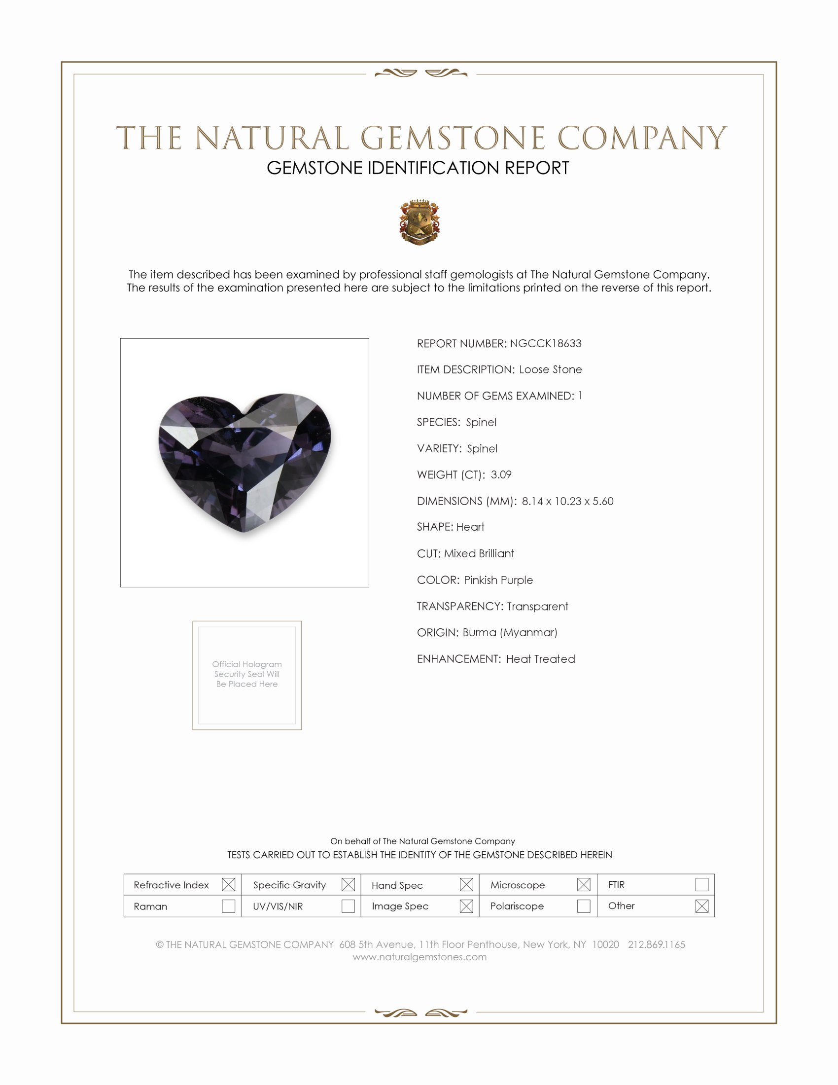3.09 Ct. Pinkish Purple Spinel from Burma (Myanmar)
