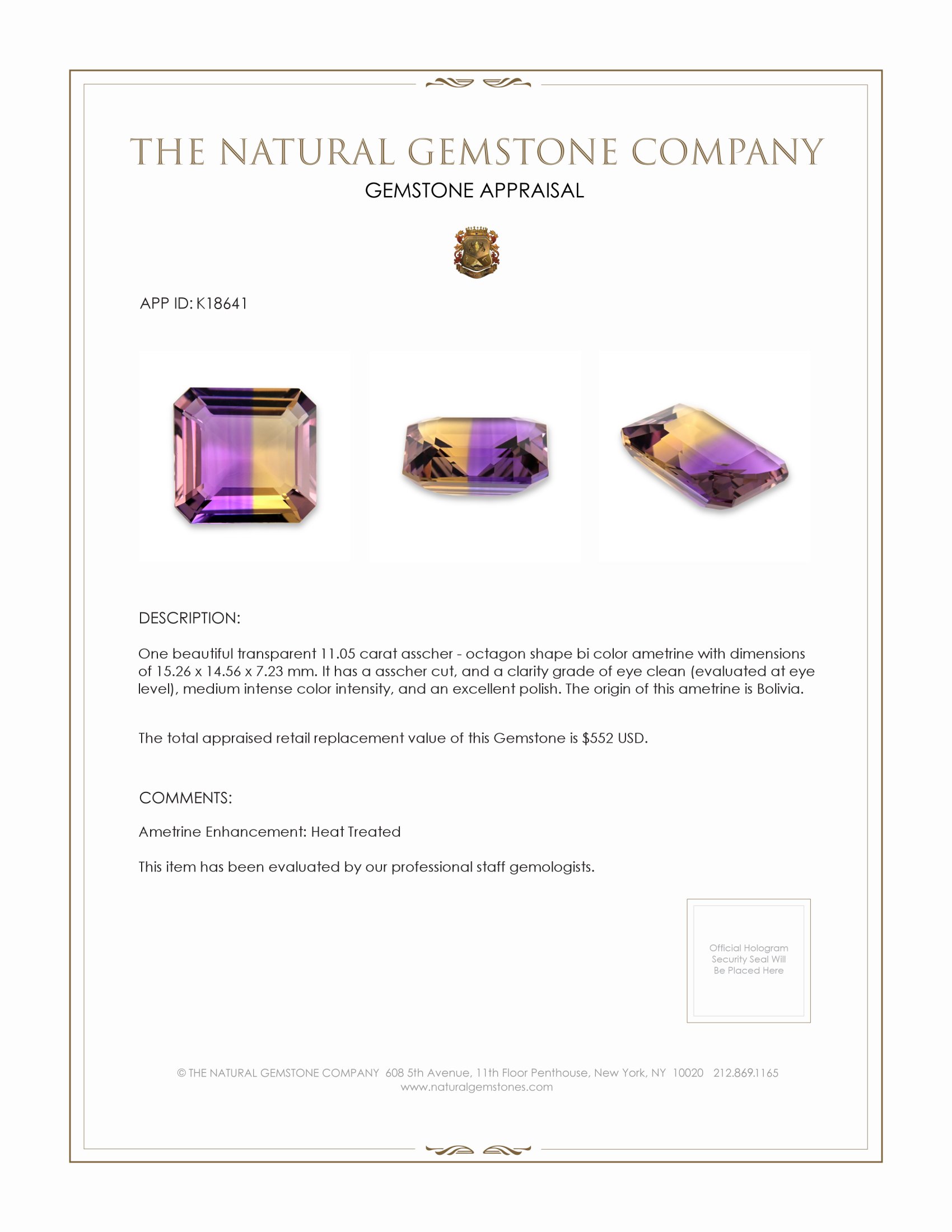 11.05 Ct. Ametrine from Bolivia