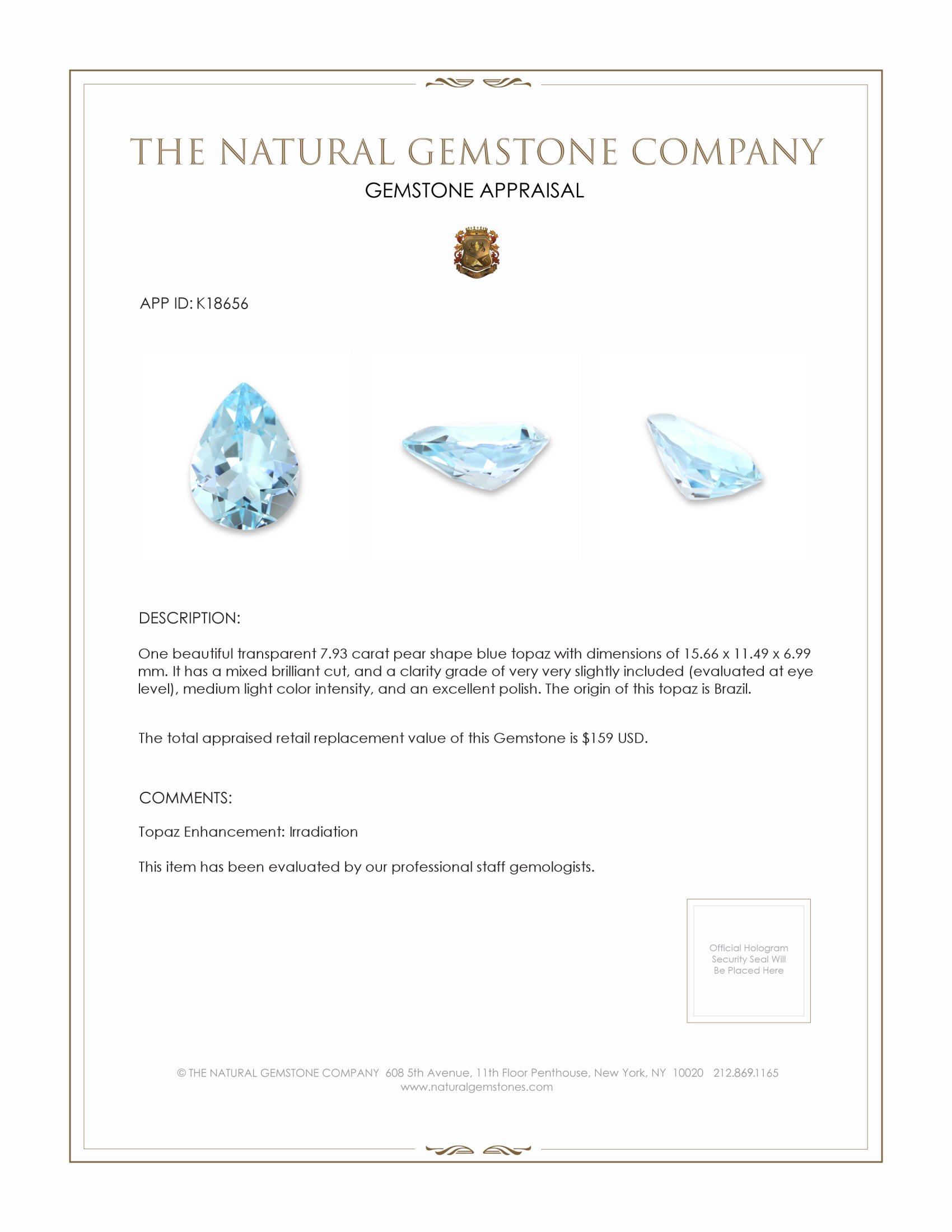 7.93 Ct. Blue Topaz from Brazil