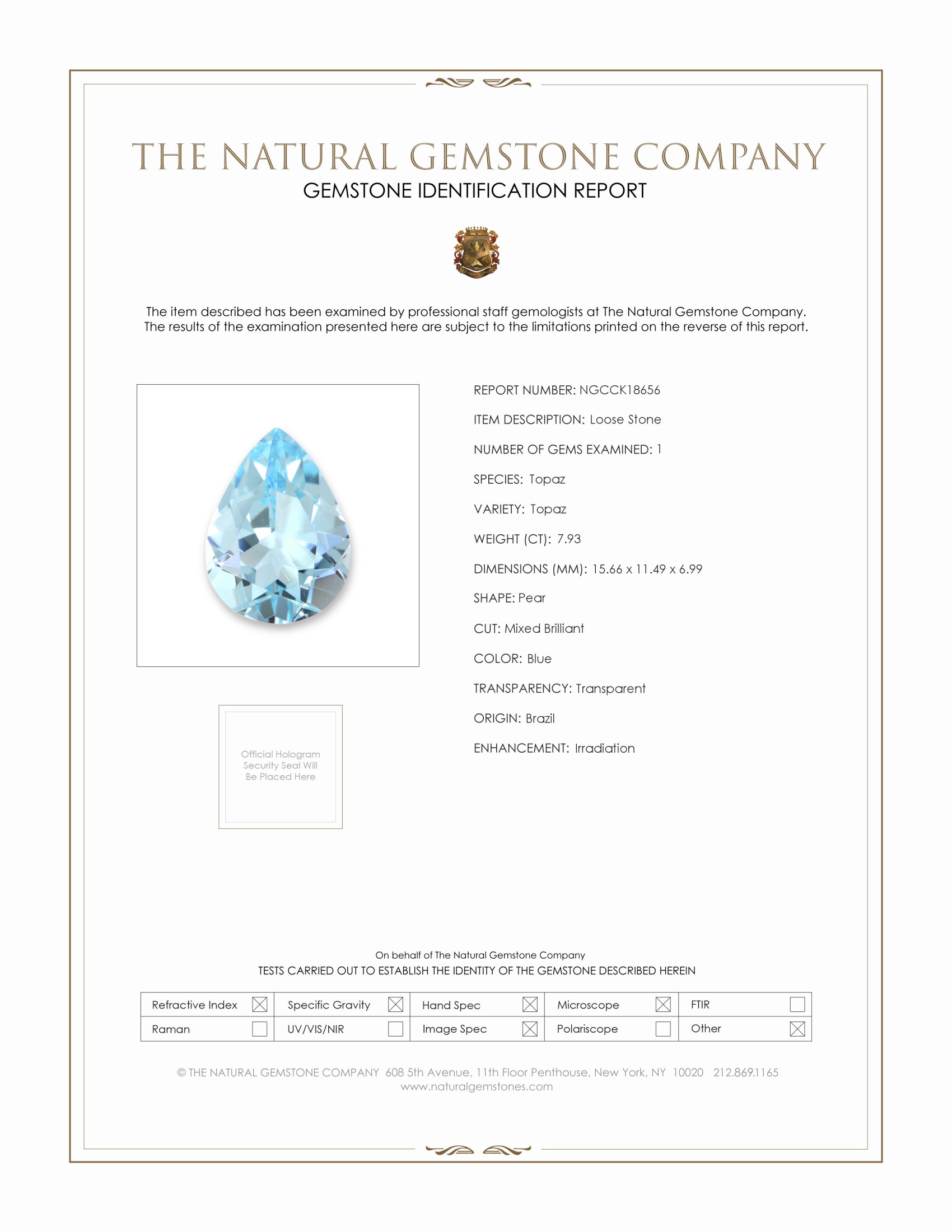 7.93 Ct. Blue Topaz from Brazil