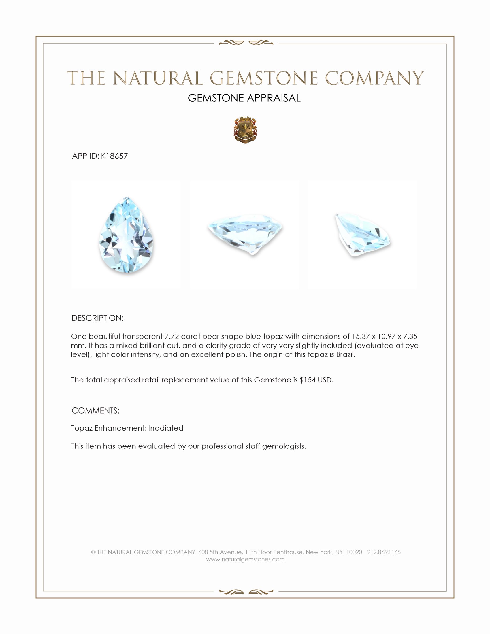 7.72 Ct. Blue Topaz from Brazil