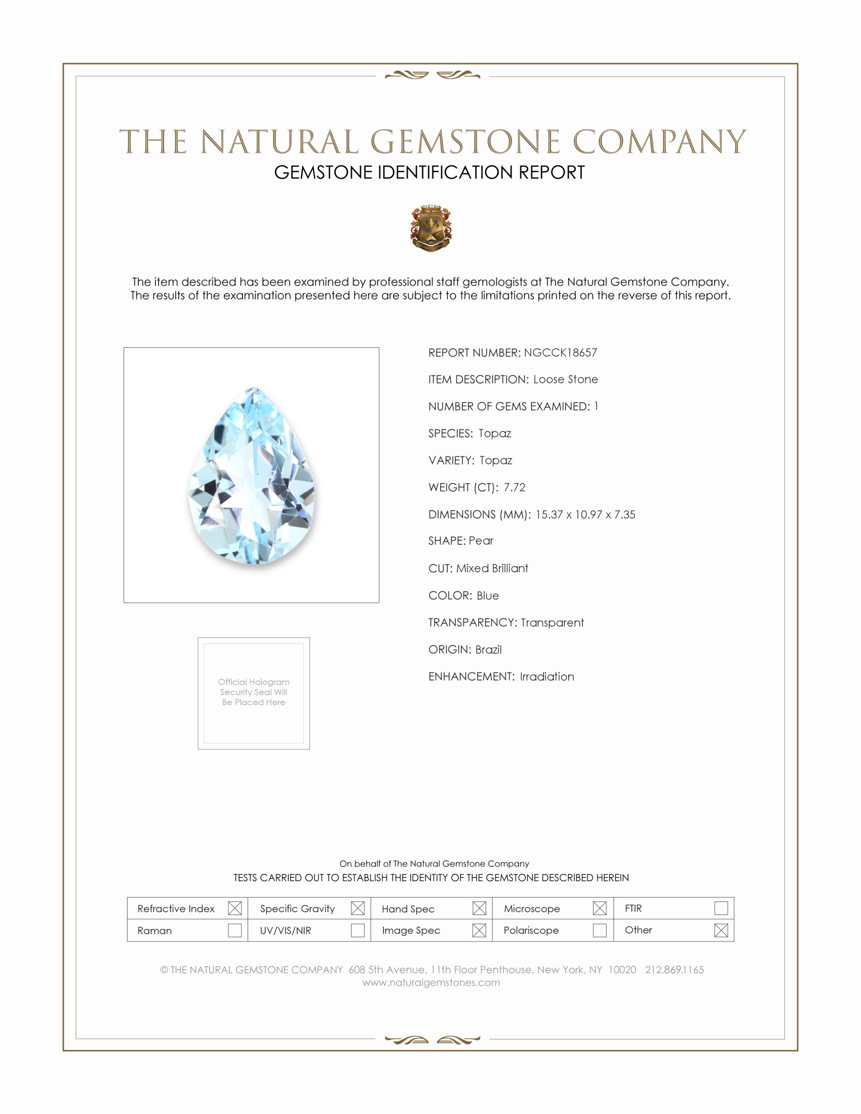7.72 Ct. Blue Topaz from Brazil